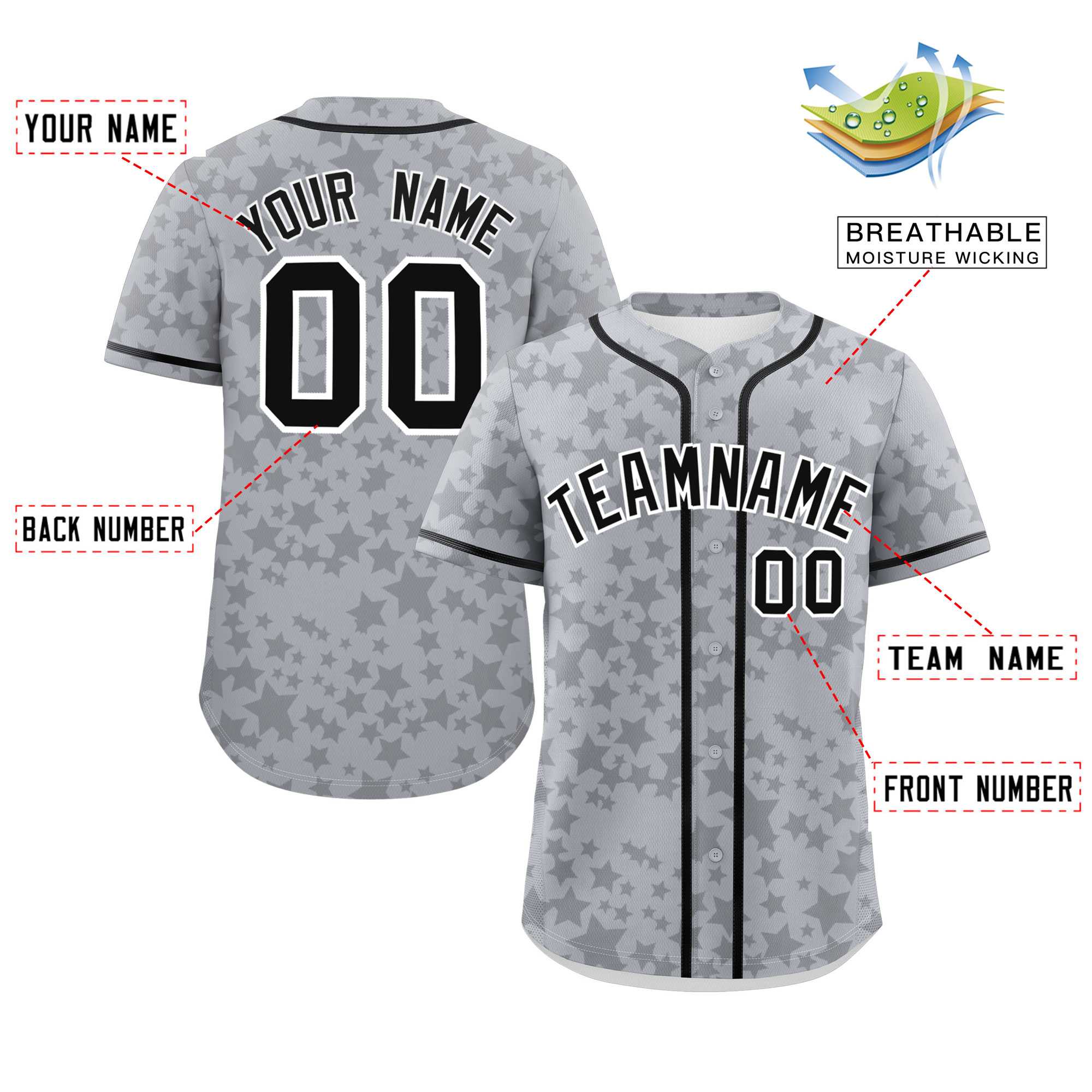 Custom Gray Black Personalized Star Graffiti Pattern Authentic Baseball Jersey