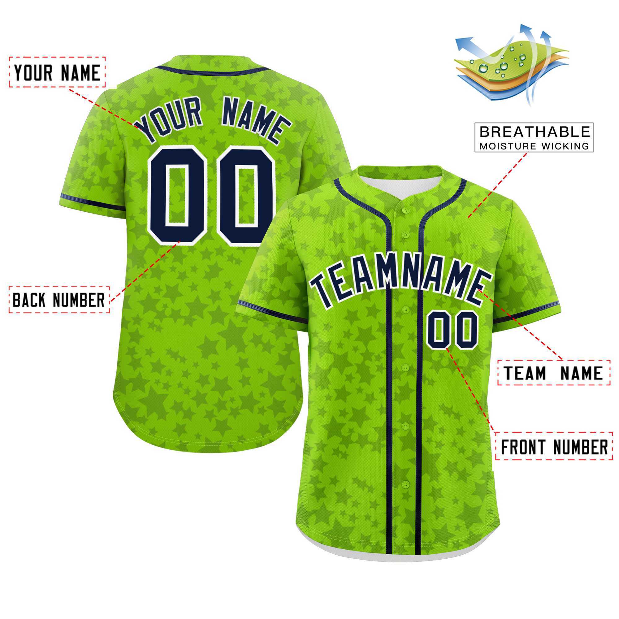 Custom Neon Green Navy Personalized Star Graffiti Pattern Authentic Baseball Jersey