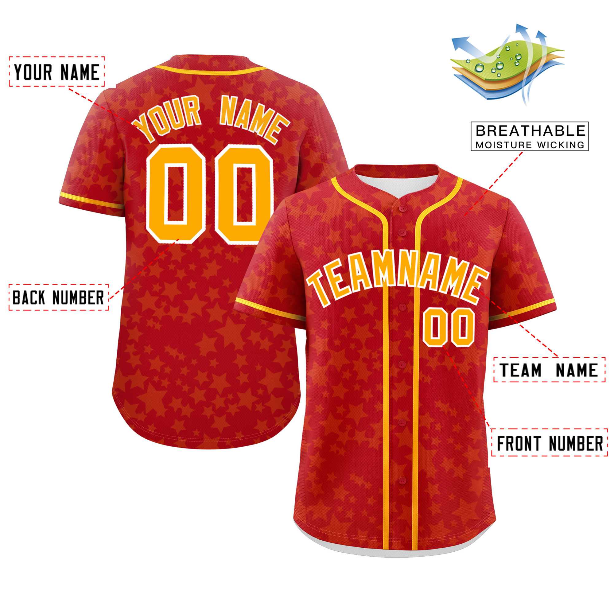 Custom Red Yellow Personalized Star Graffiti Pattern Authentic Baseball Jersey