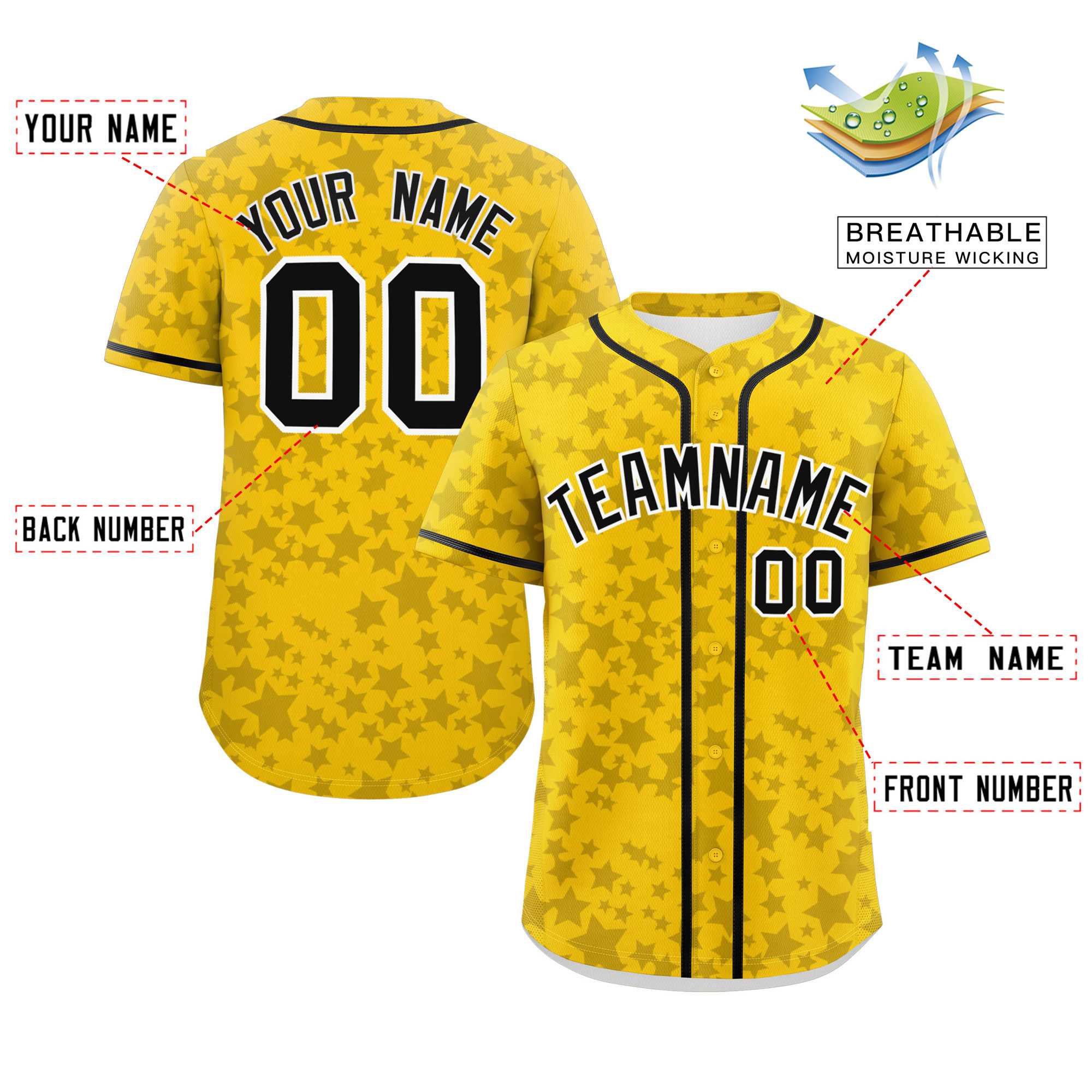 Custom Gold Black Personalized Star Graffiti Pattern Authentic Baseball Jersey