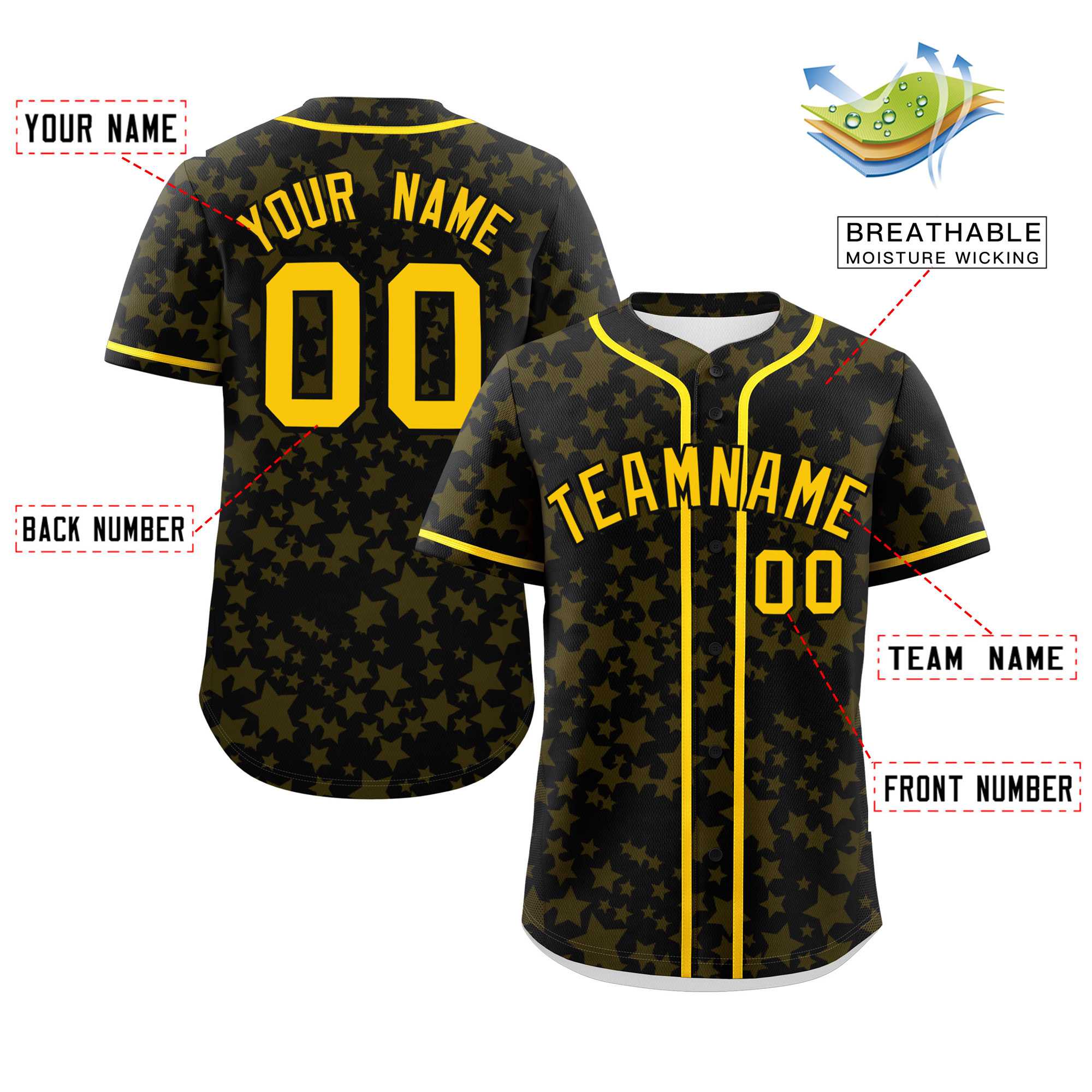 Custom Black Gold Personalized Star Graffiti Pattern Authentic Baseball Jersey