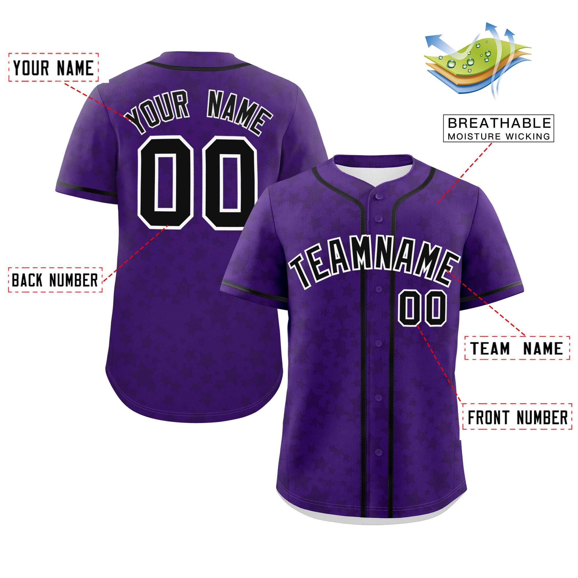 Custom Purple Black Personalized Star Graffiti Pattern Authentic Baseball Jersey