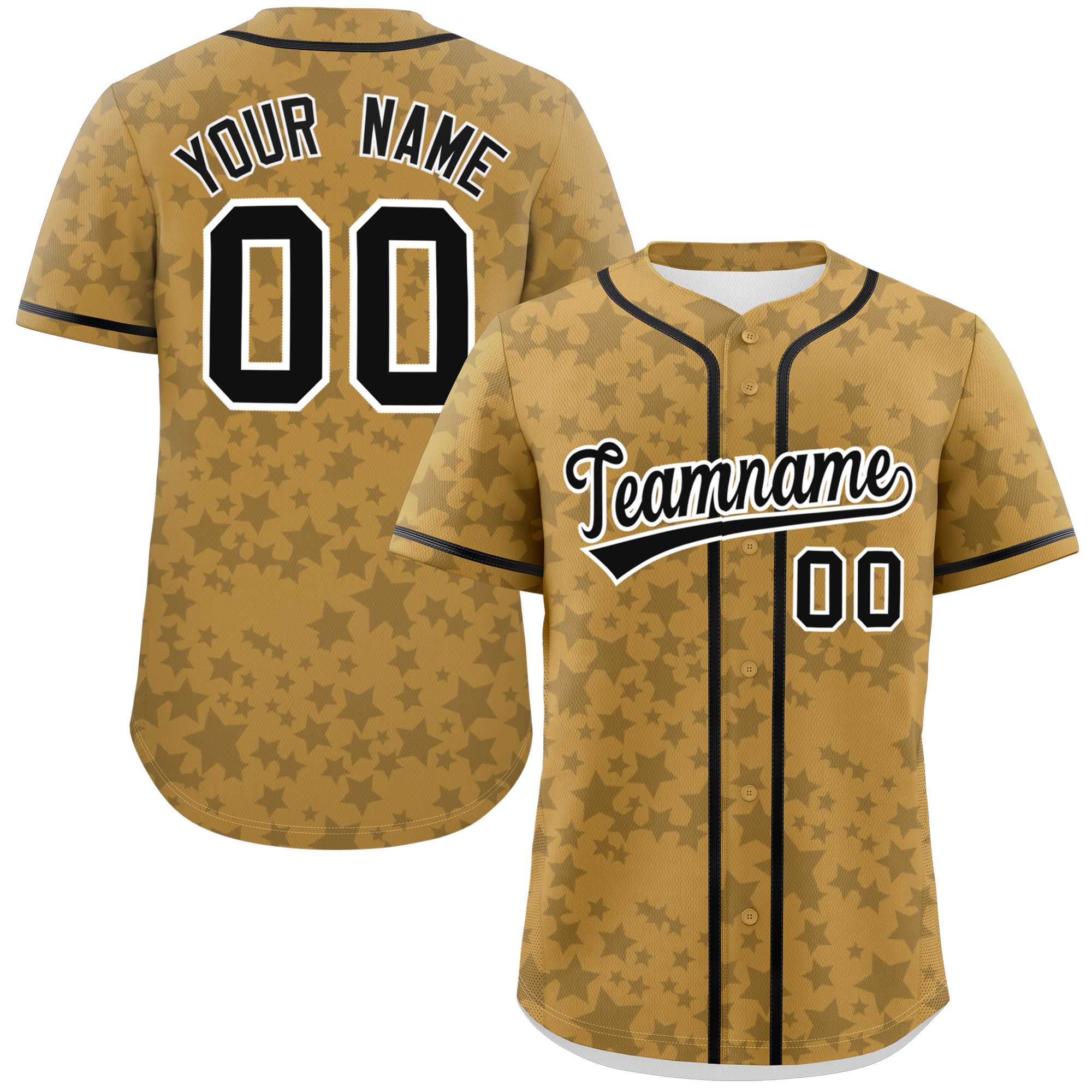 Custom Old Gold Black Personalized Star Graffiti Pattern Authentic Baseball Jersey