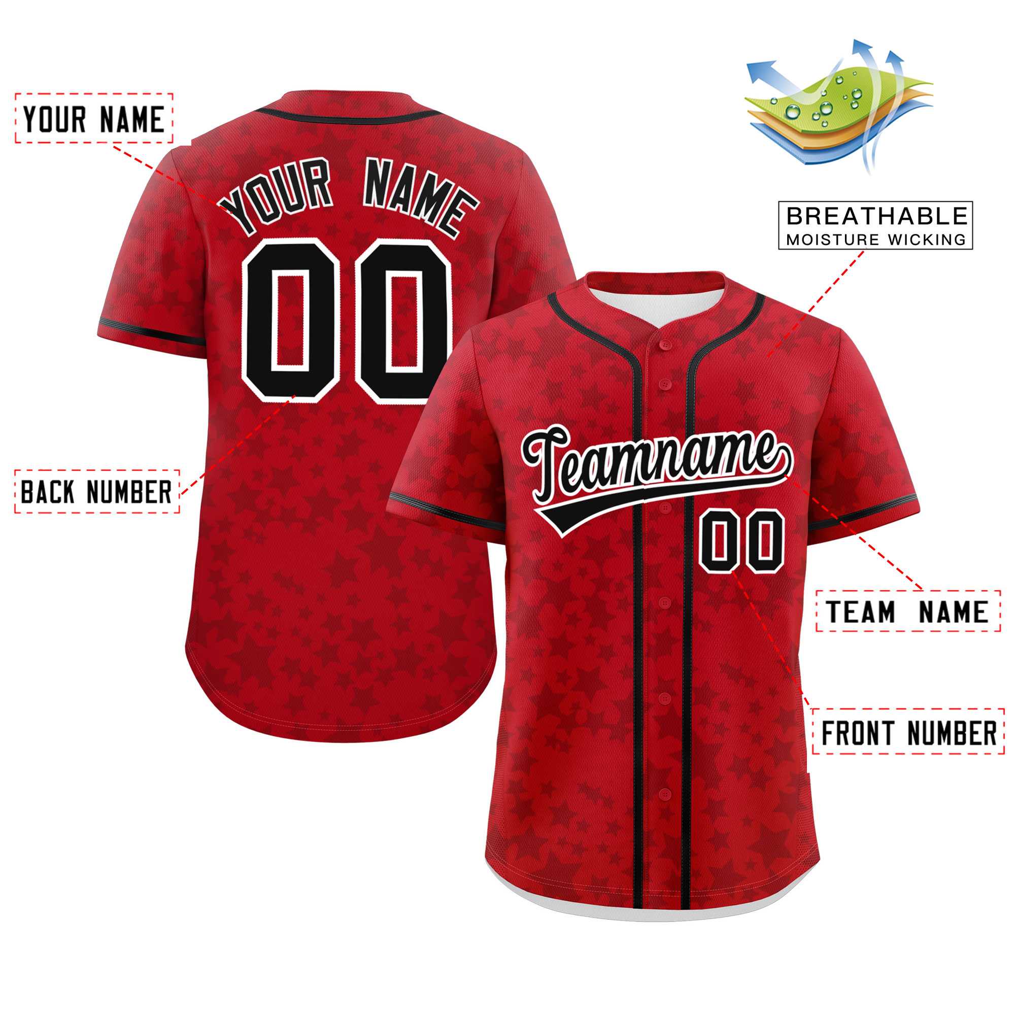 Custom Red Black Personalized Star Graffiti Pattern Authentic Baseball Jersey