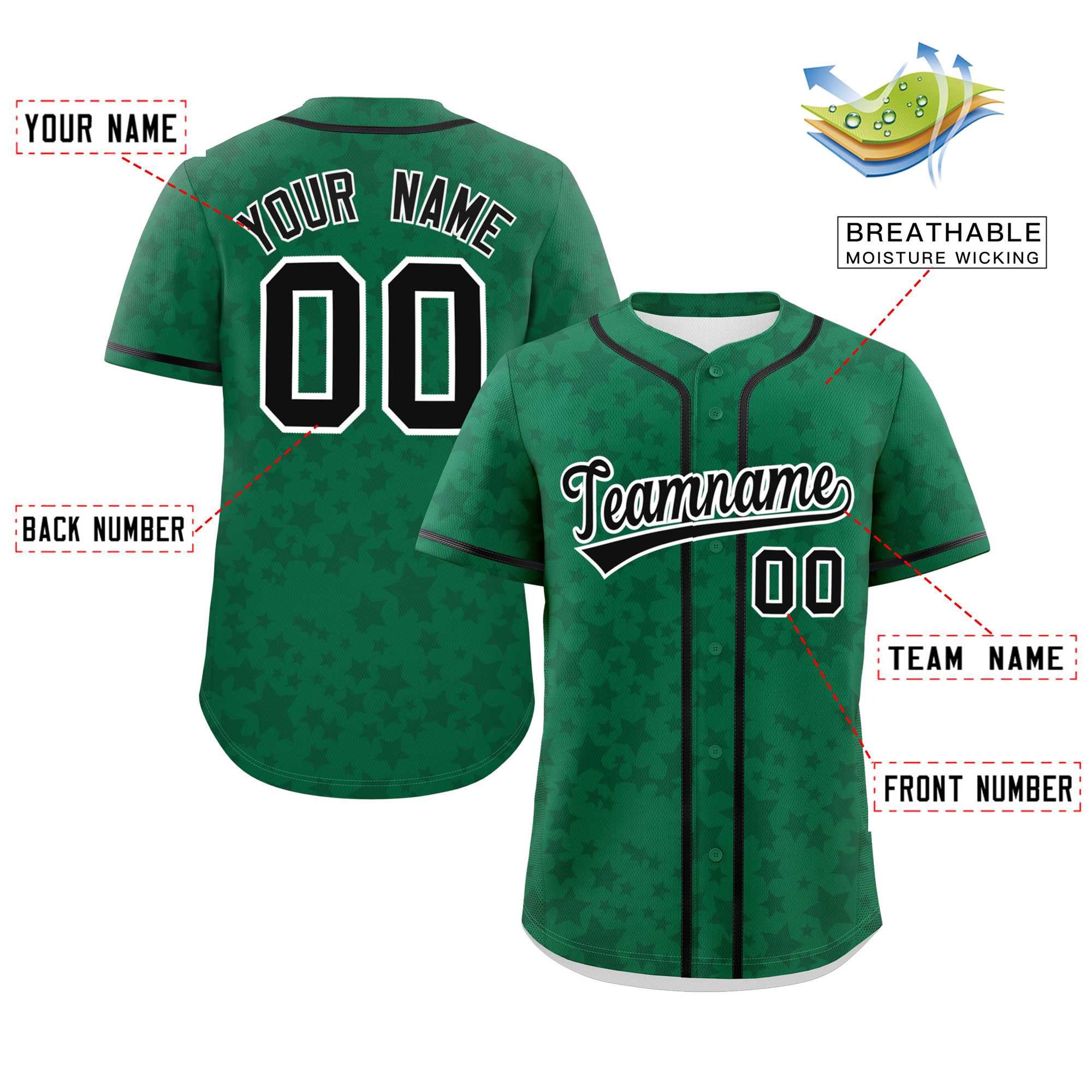 Custom Kelly Green Black Personalized Star Graffiti Pattern Authentic Baseball Jersey