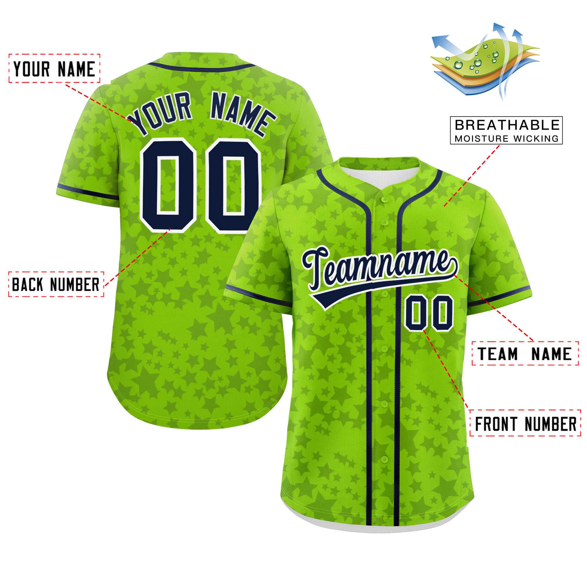 Custom Neon Green Navy Personalized Star Graffiti Pattern Authentic Baseball Jersey