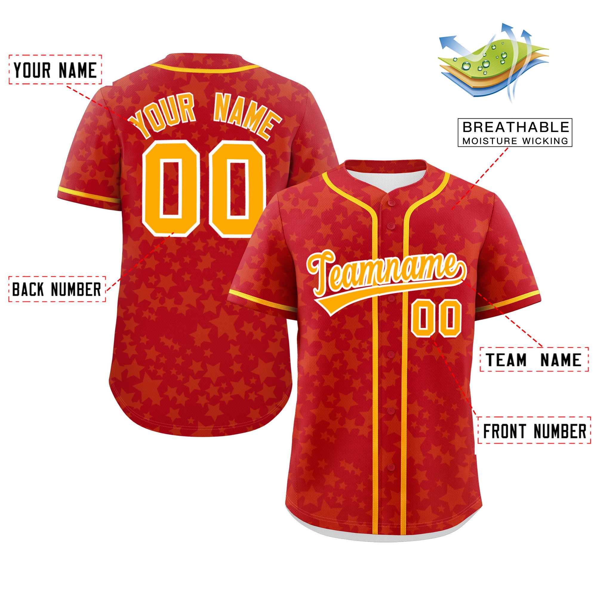 Custom Red Yellow Personalized Star Graffiti Pattern Authentic Baseball Jersey