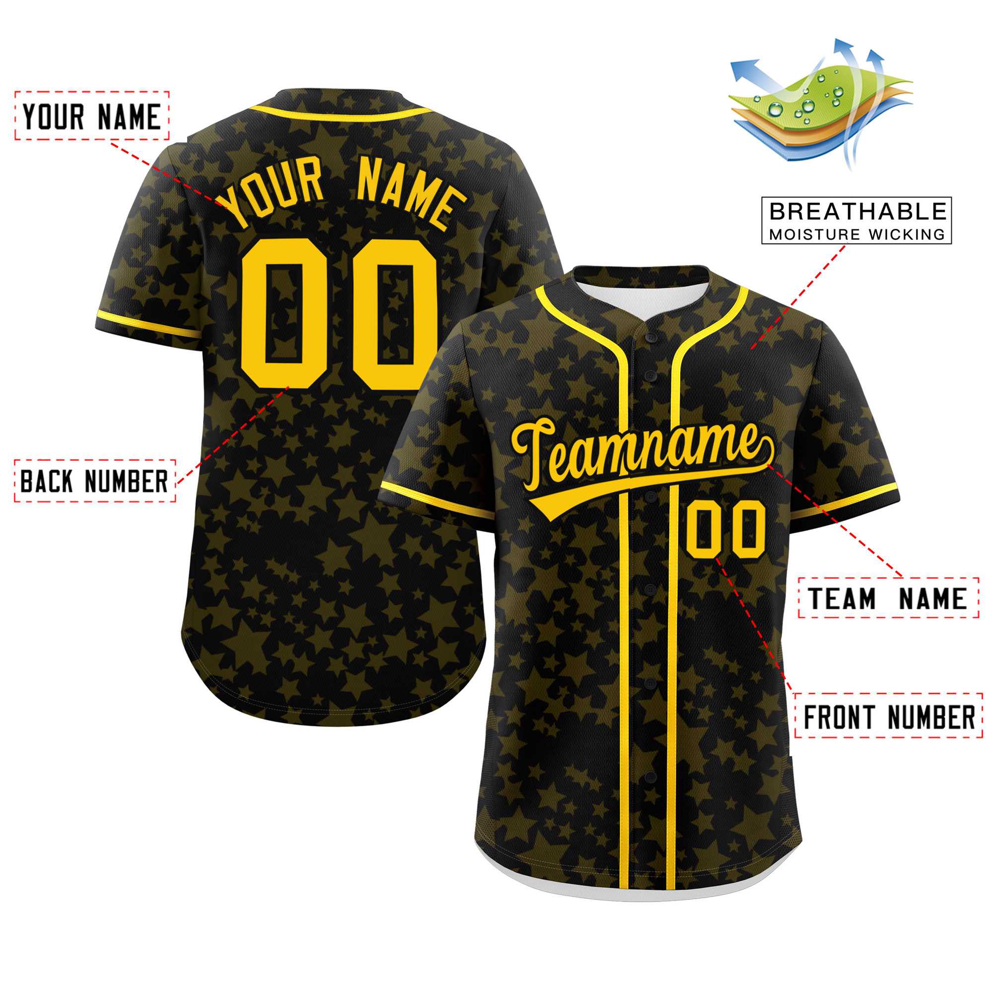 Custom Black Gold Personalized Star Graffiti Pattern Authentic Baseball Jersey