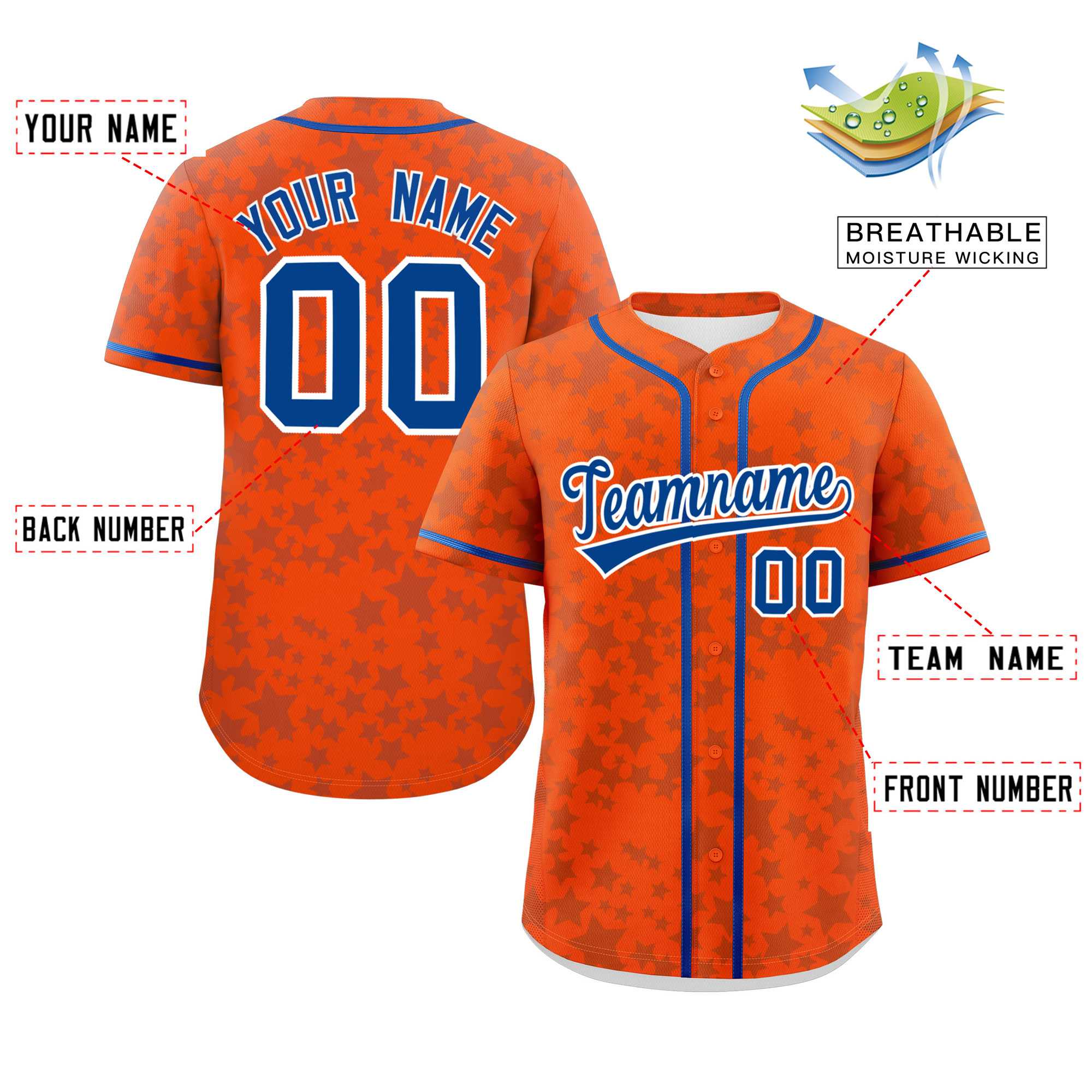 Custom Orange Royal Personalized Star Graffiti Pattern Authentic Baseball Jersey