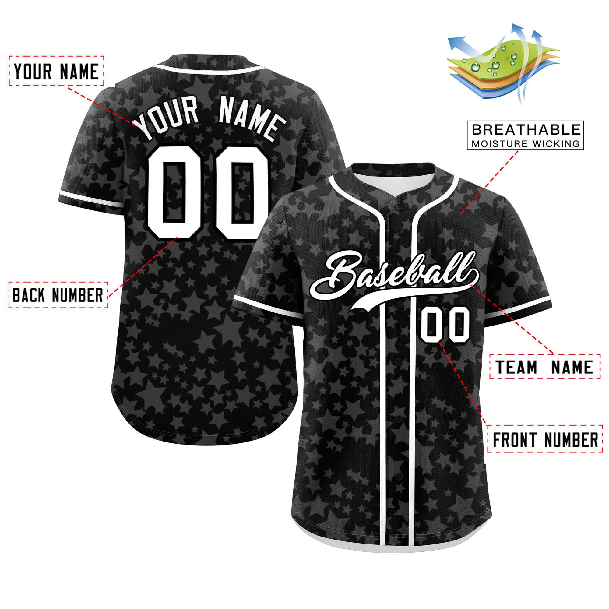 Custom Black White Personalized Star Graffiti Pattern Authentic Baseball Jersey