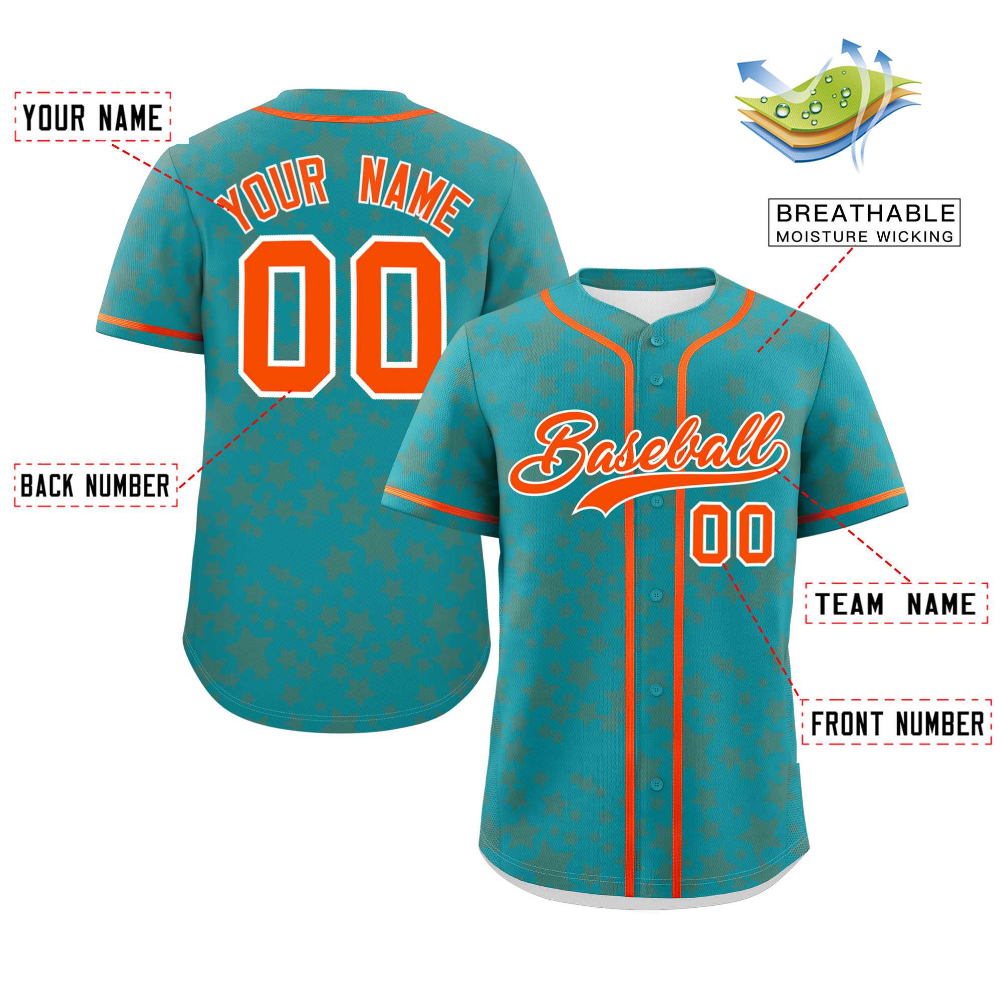 Custom Aqua Orange Personalized Star Graffiti Pattern Authentic Baseball Jersey