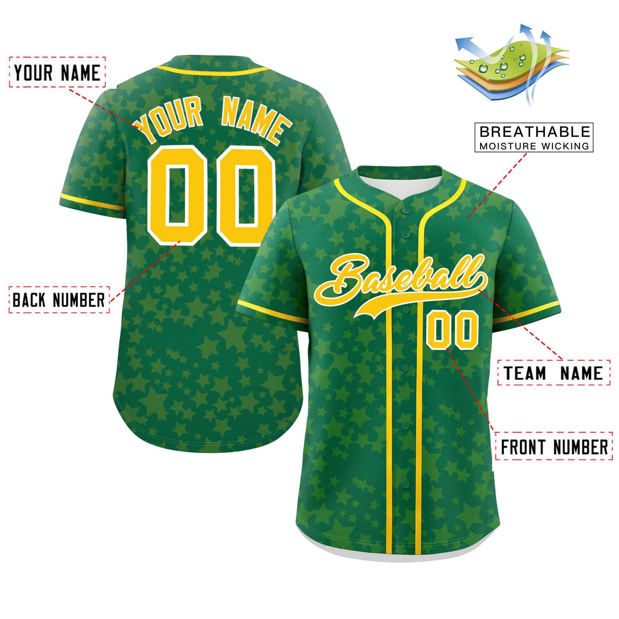 Custom Kelly Green Gold Personalized Star Graffiti Pattern Authentic Baseball Jersey