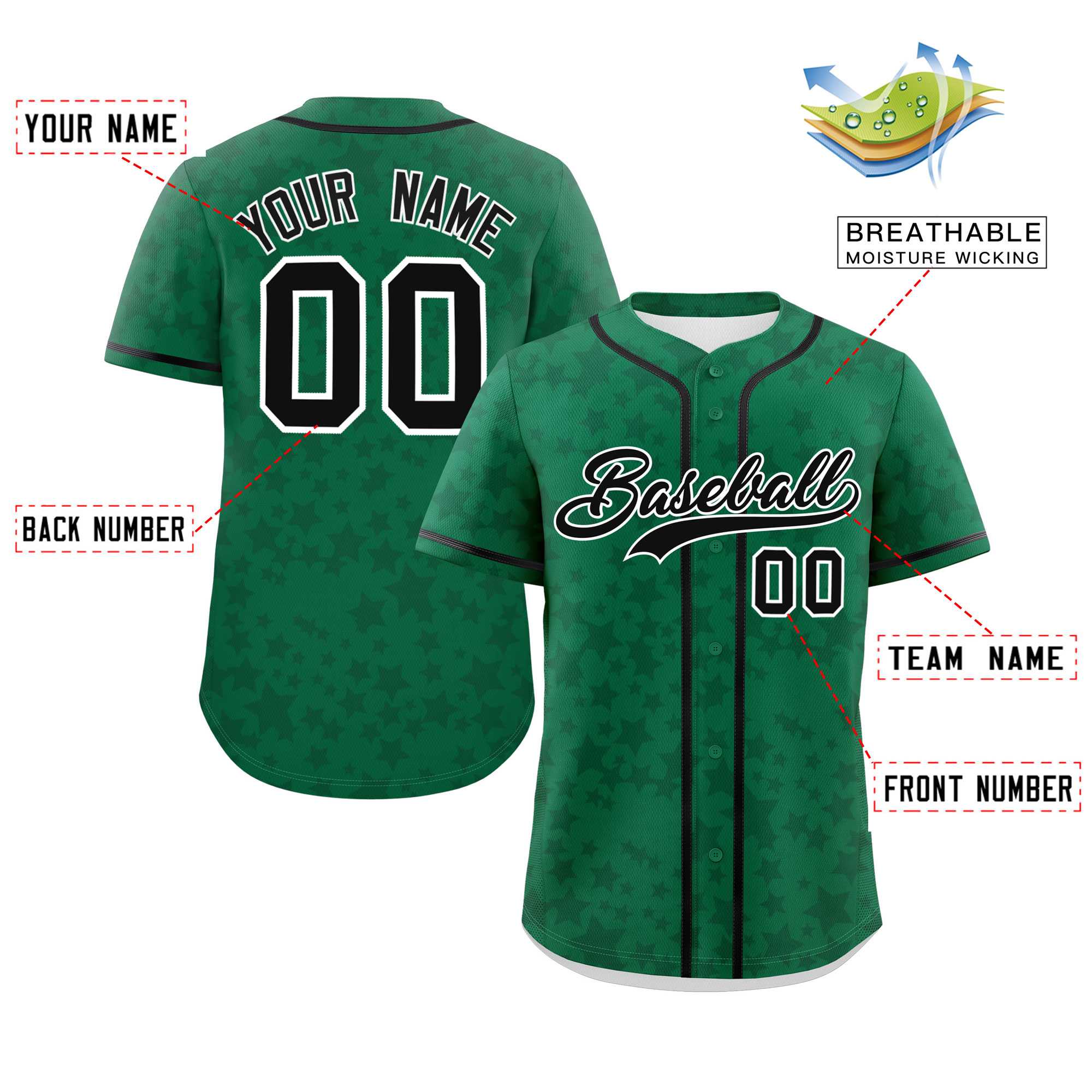 Custom Kelly Green Black Personalized Star Graffiti Pattern Authentic Baseball Jersey