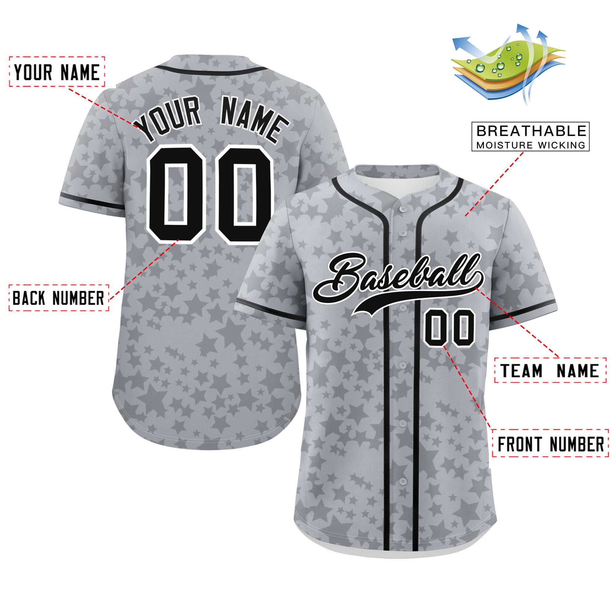 Custom Gray Black Personalized Star Graffiti Pattern Authentic Baseball Jersey