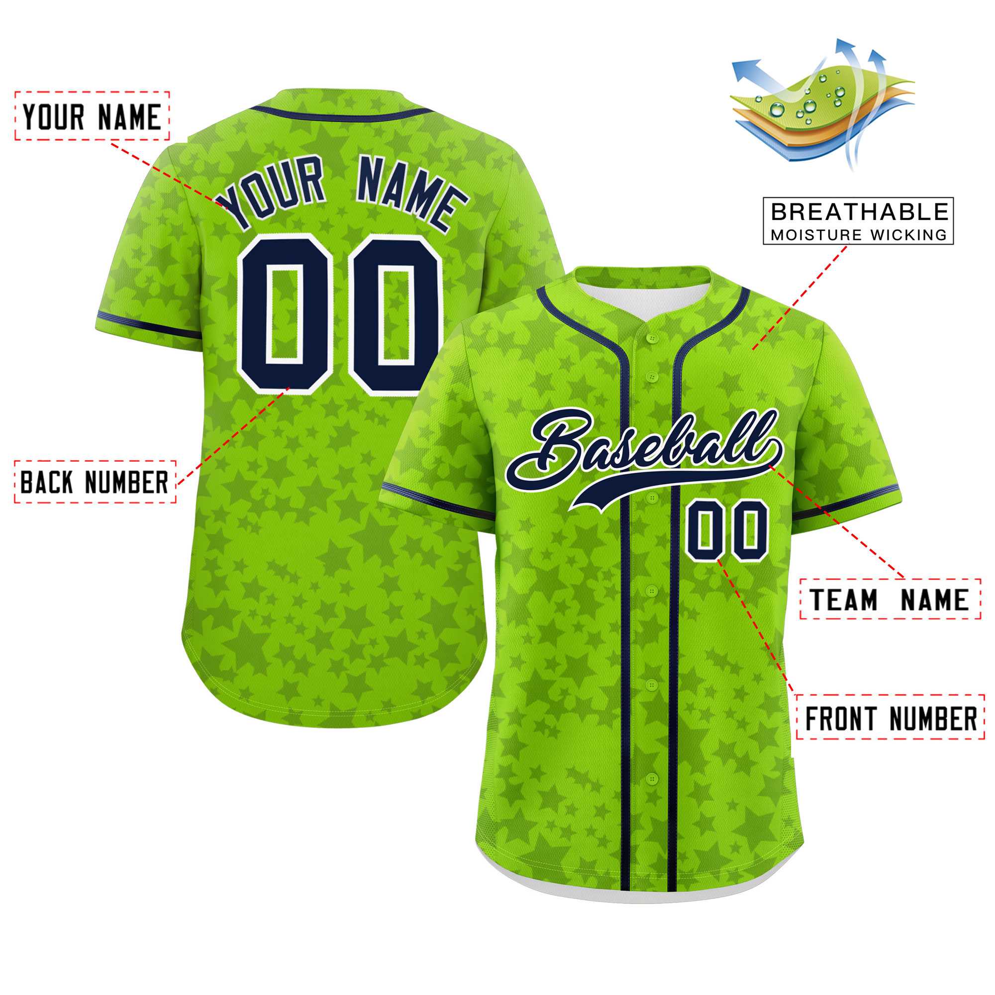 Custom Neon Green Navy Personalized Star Graffiti Pattern Authentic Baseball Jersey