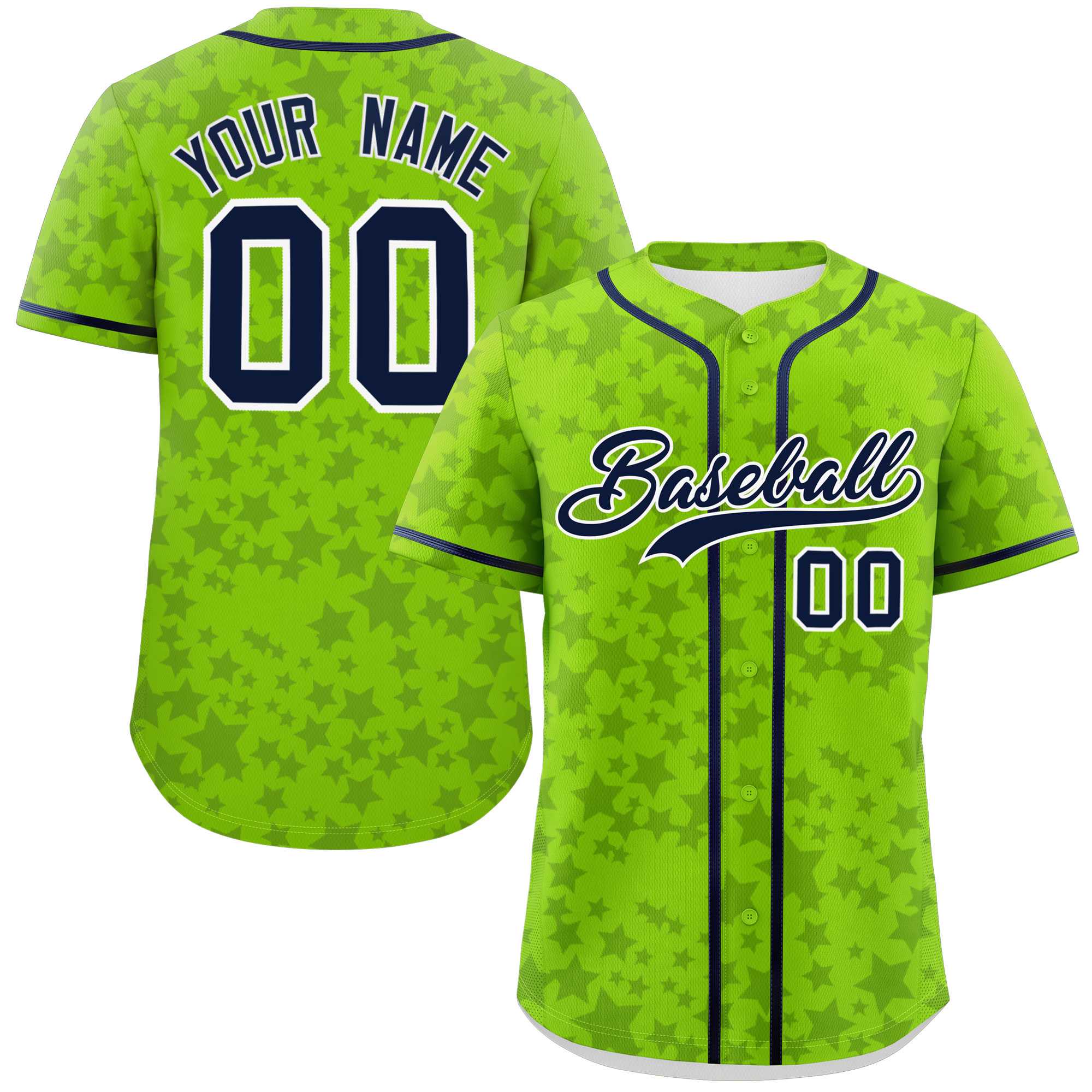 Custom Neon Green Navy Personalized Star Graffiti Pattern Authentic Baseball Jersey