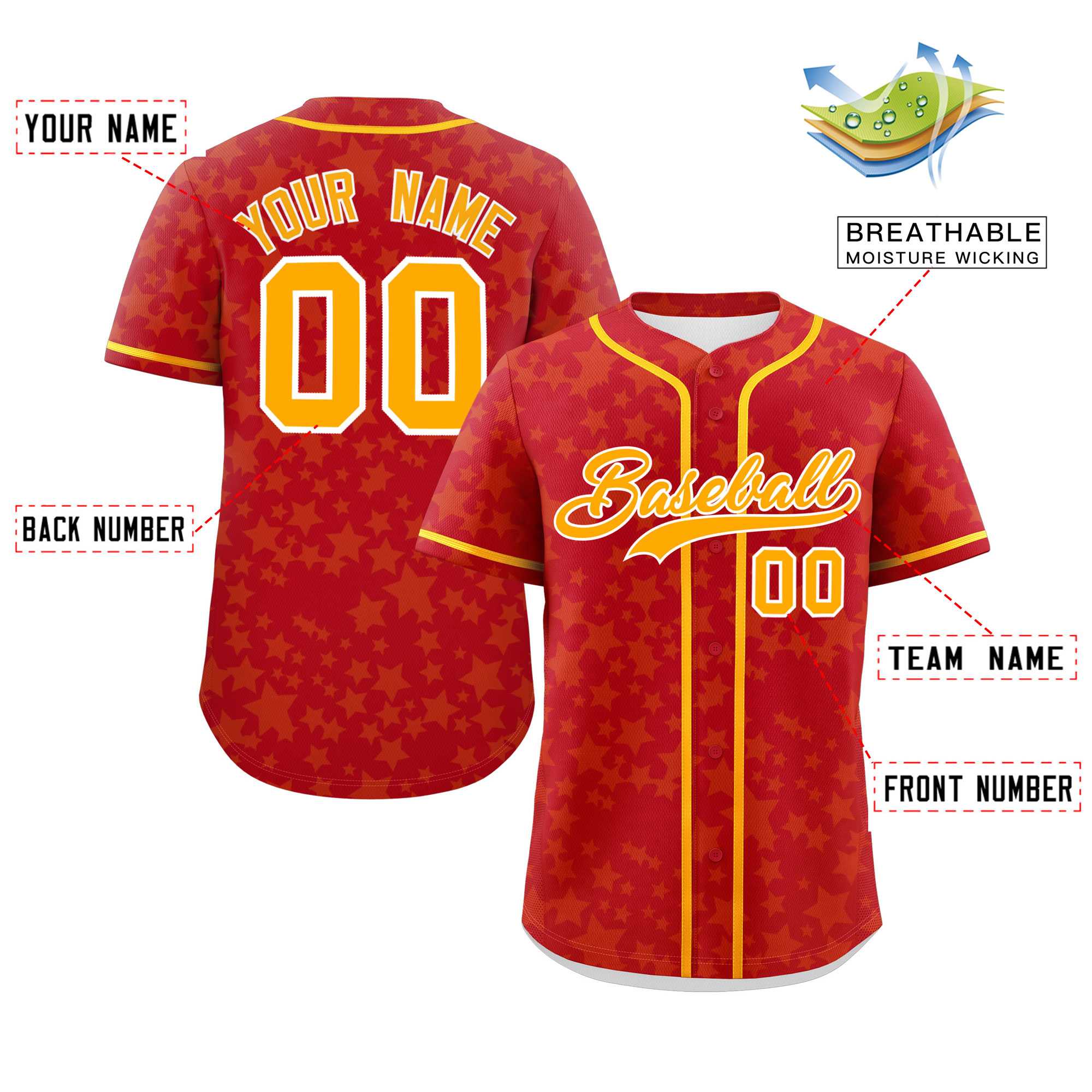 Custom Red Yellow Personalized Star Graffiti Pattern Authentic Baseball Jersey