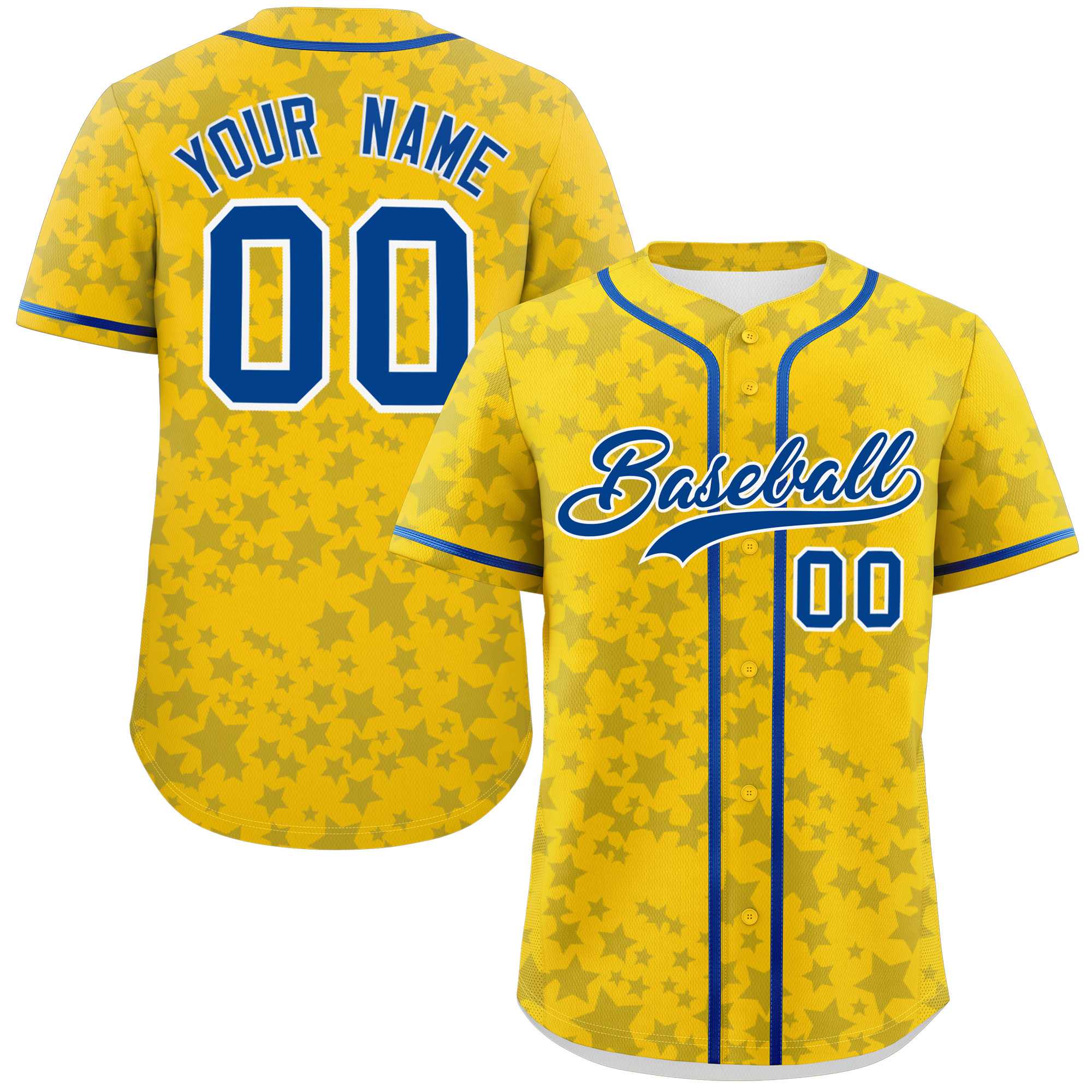 Custom Gold Royal Personalized Star Graffiti Pattern Authentic Baseball Jersey