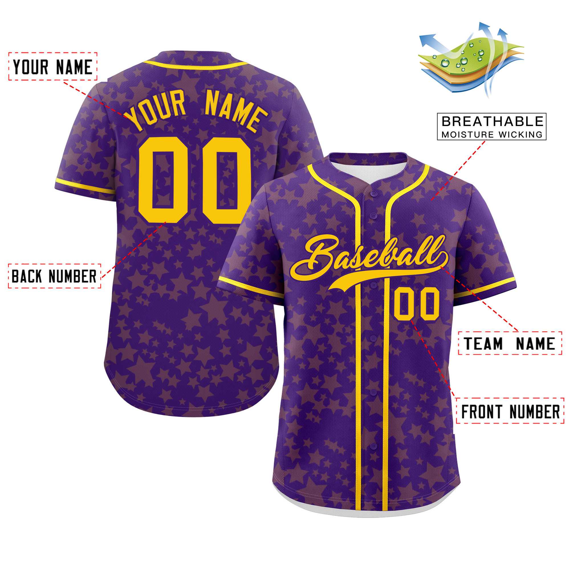 Custom Purple Gold Personalized Star Graffiti Pattern Authentic Baseball Jersey