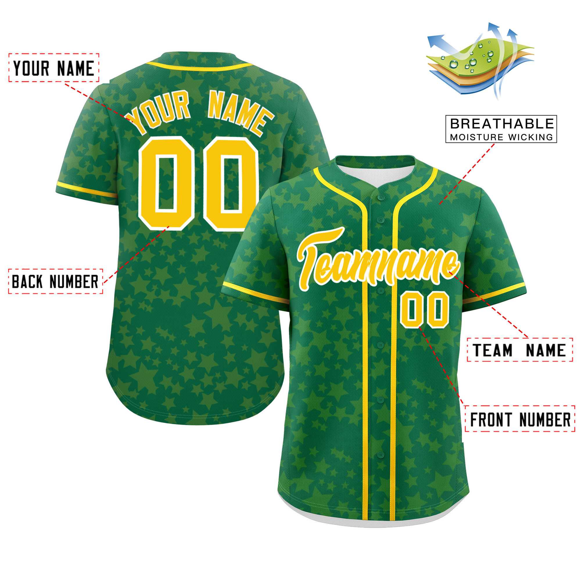 Custom Kelly Green Gold Personalized Star Graffiti Pattern Authentic Baseball Jersey