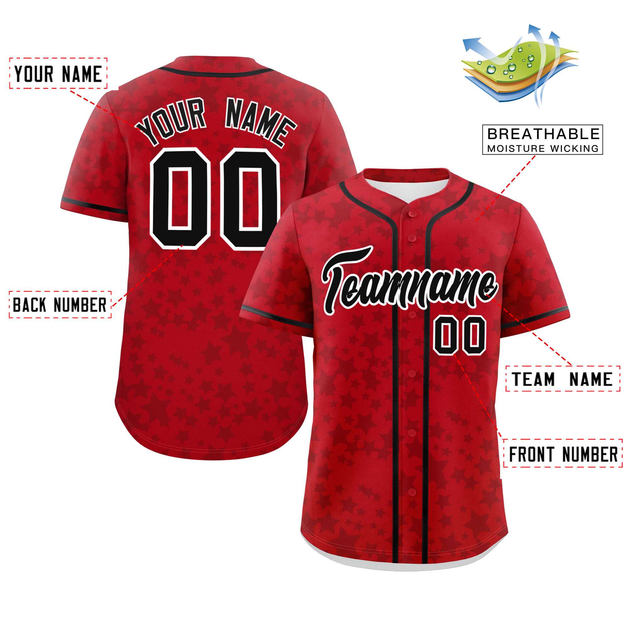 Custom Red Black Personalized Star Graffiti Pattern Authentic Baseball Jersey