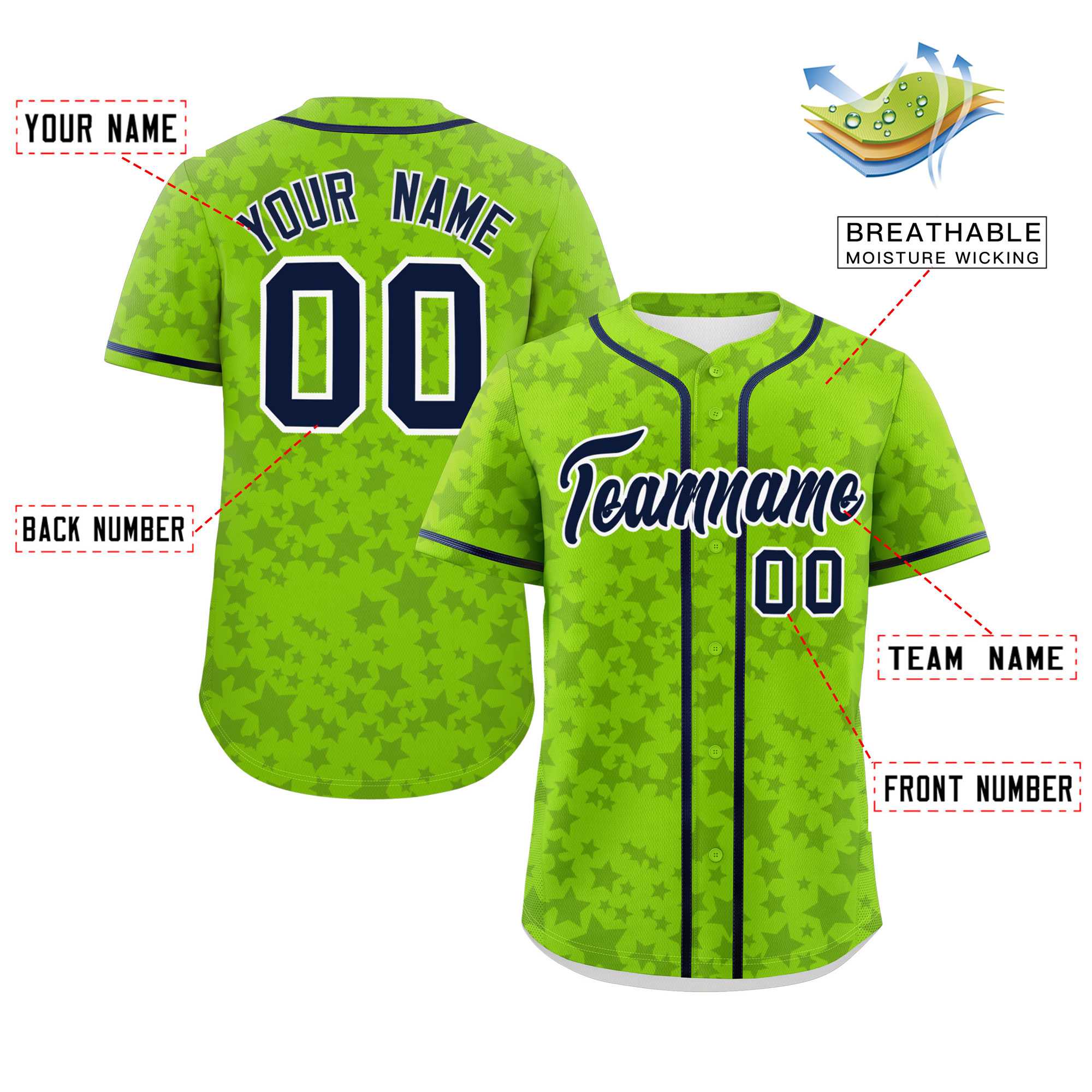 Custom Neon Green Navy Personalized Star Graffiti Pattern Authentic Baseball Jersey