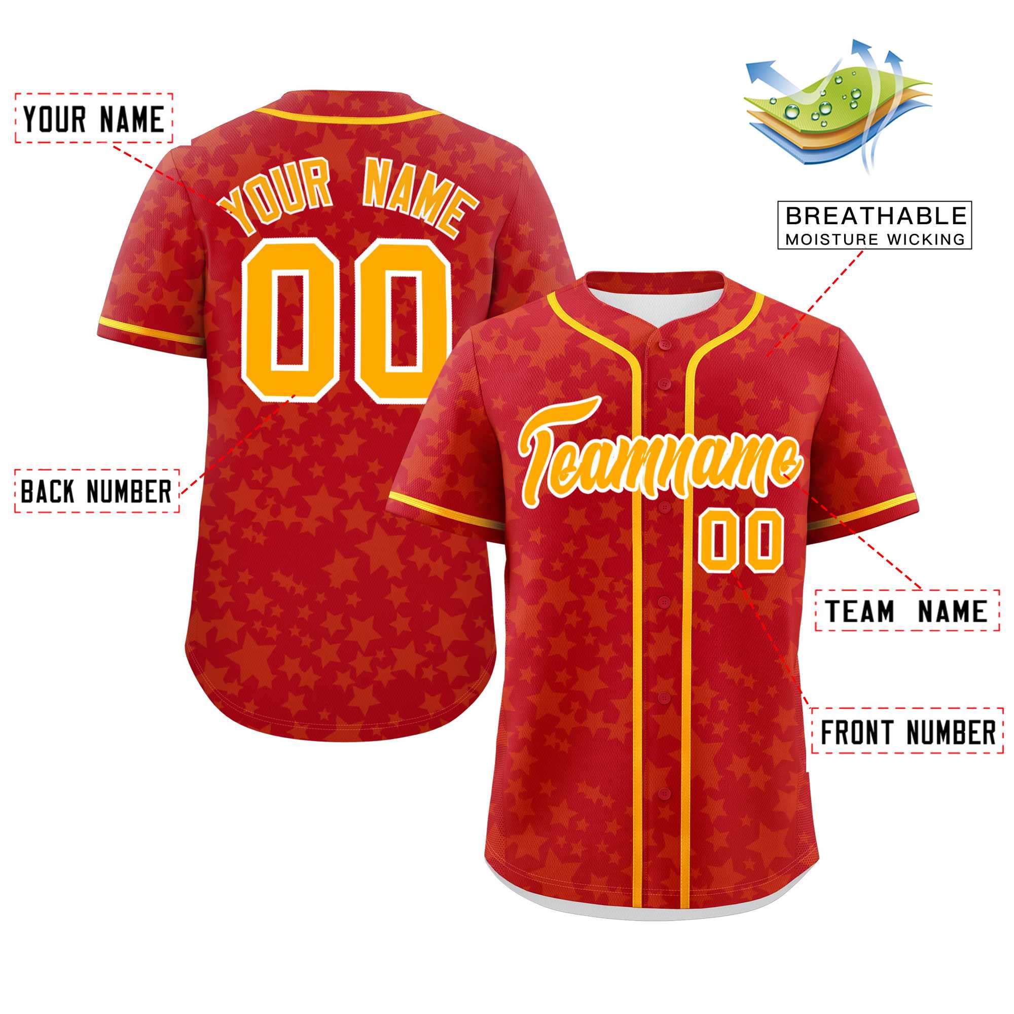 Custom Red Yellow Personalized Star Graffiti Pattern Authentic Baseball Jersey