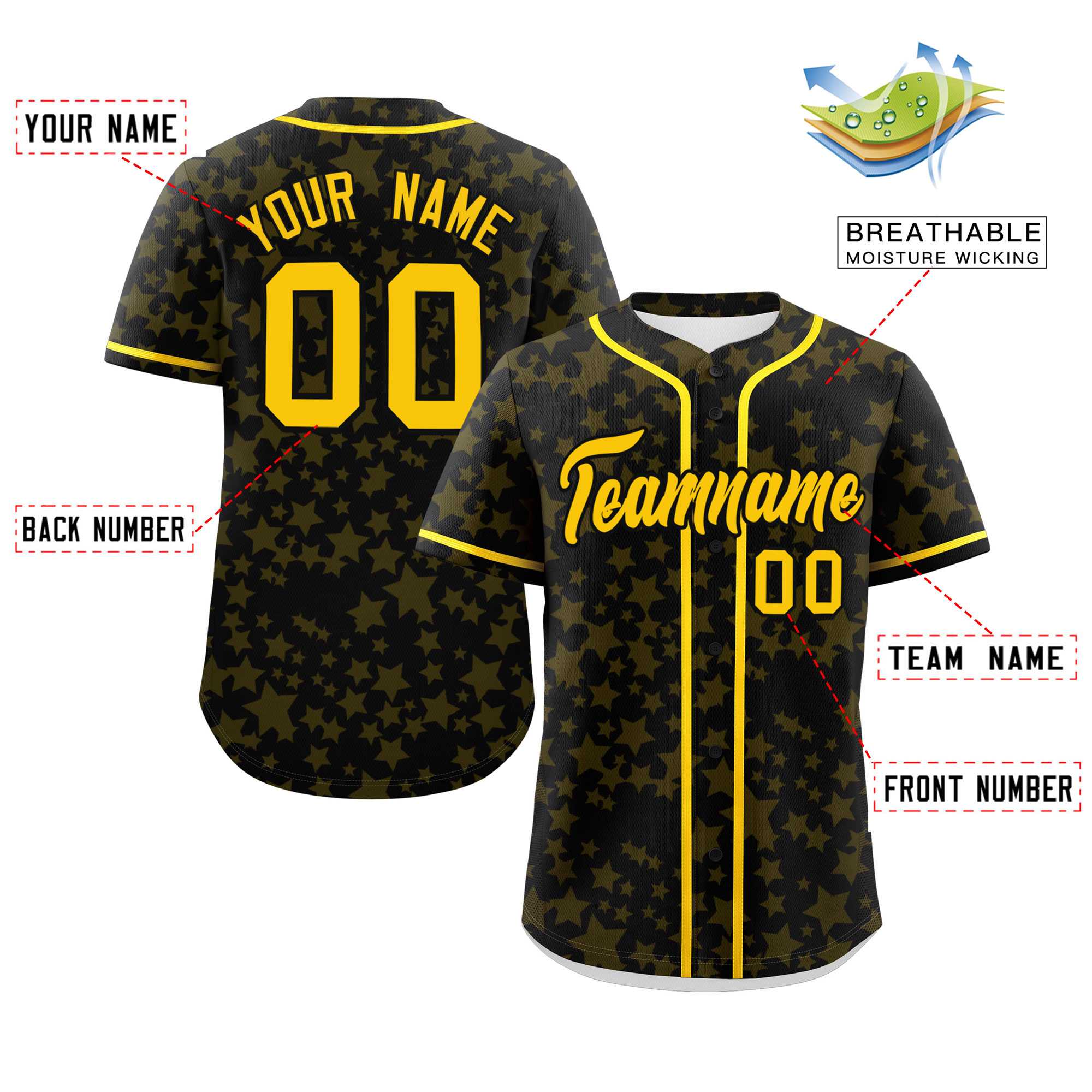 Custom Black Gold Personalized Star Graffiti Pattern Authentic Baseball Jersey