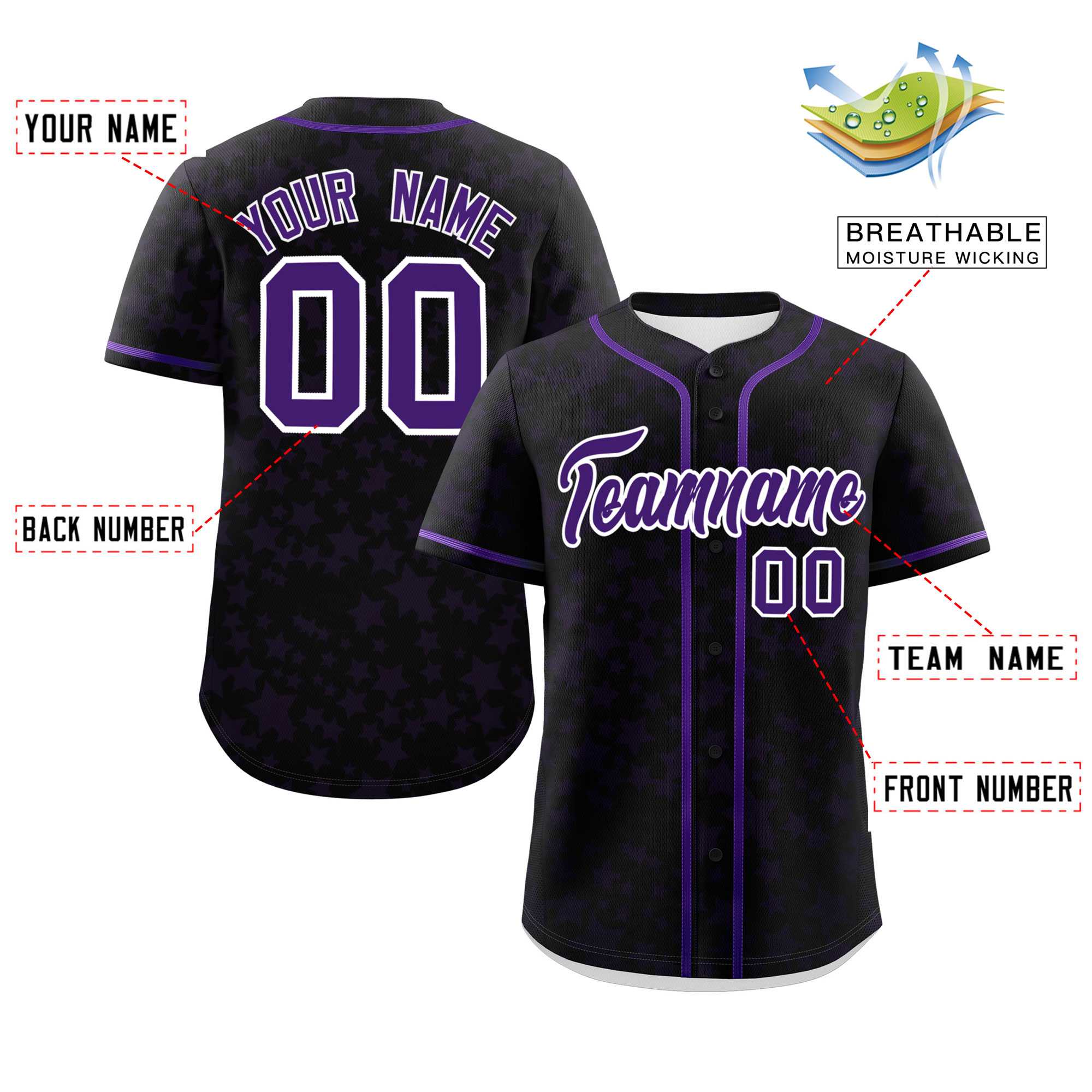 Custom Black Purple Personalized Star Graffiti Pattern Authentic Baseball Jersey