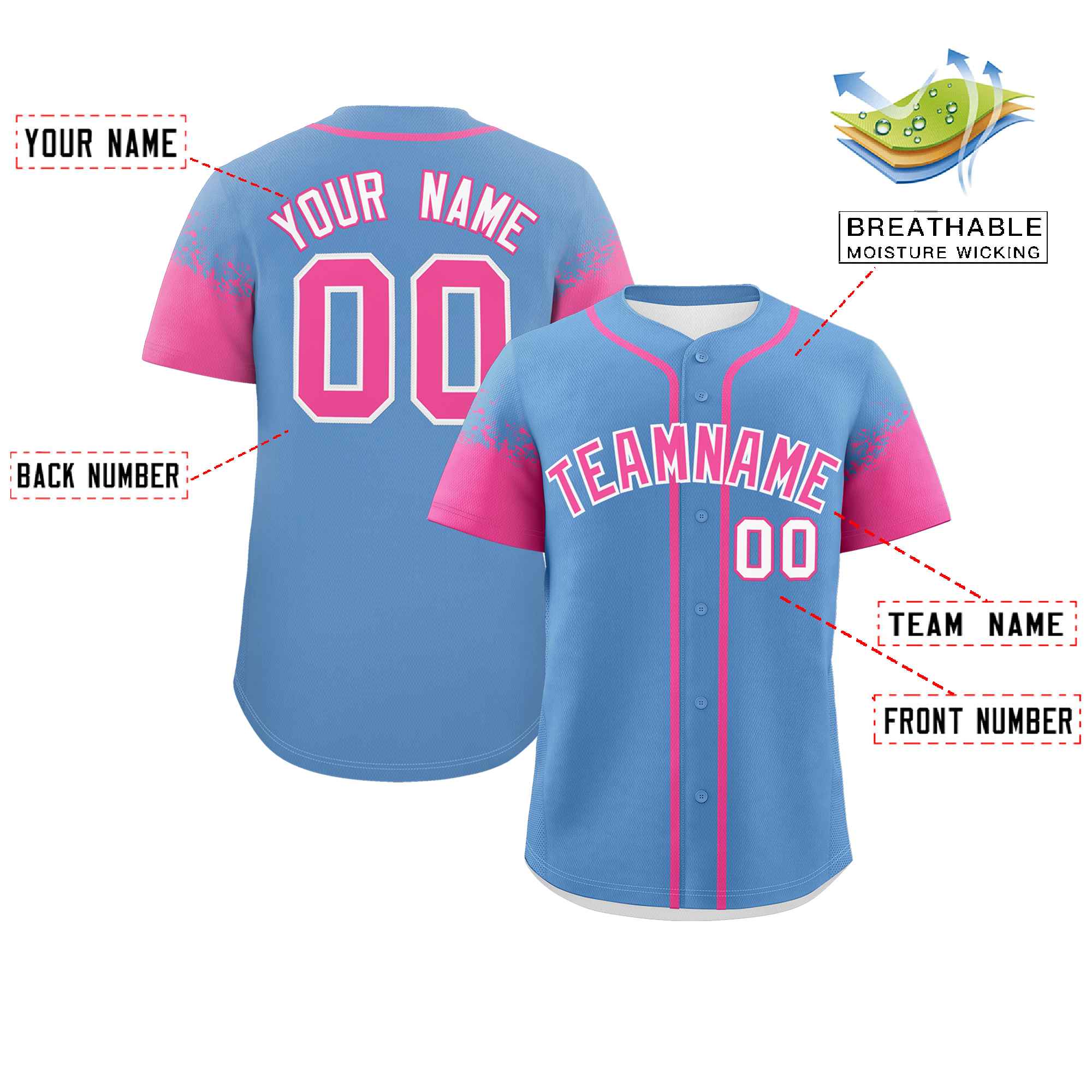 Custom Light Blue Pink Personalized Raglan Sleeves Design Authentic Baseball Jersey