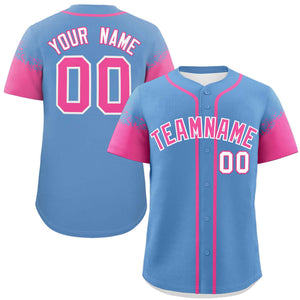 Custom Light Blue Pink Personalized Raglan Sleeves Design Authentic Baseball Jersey