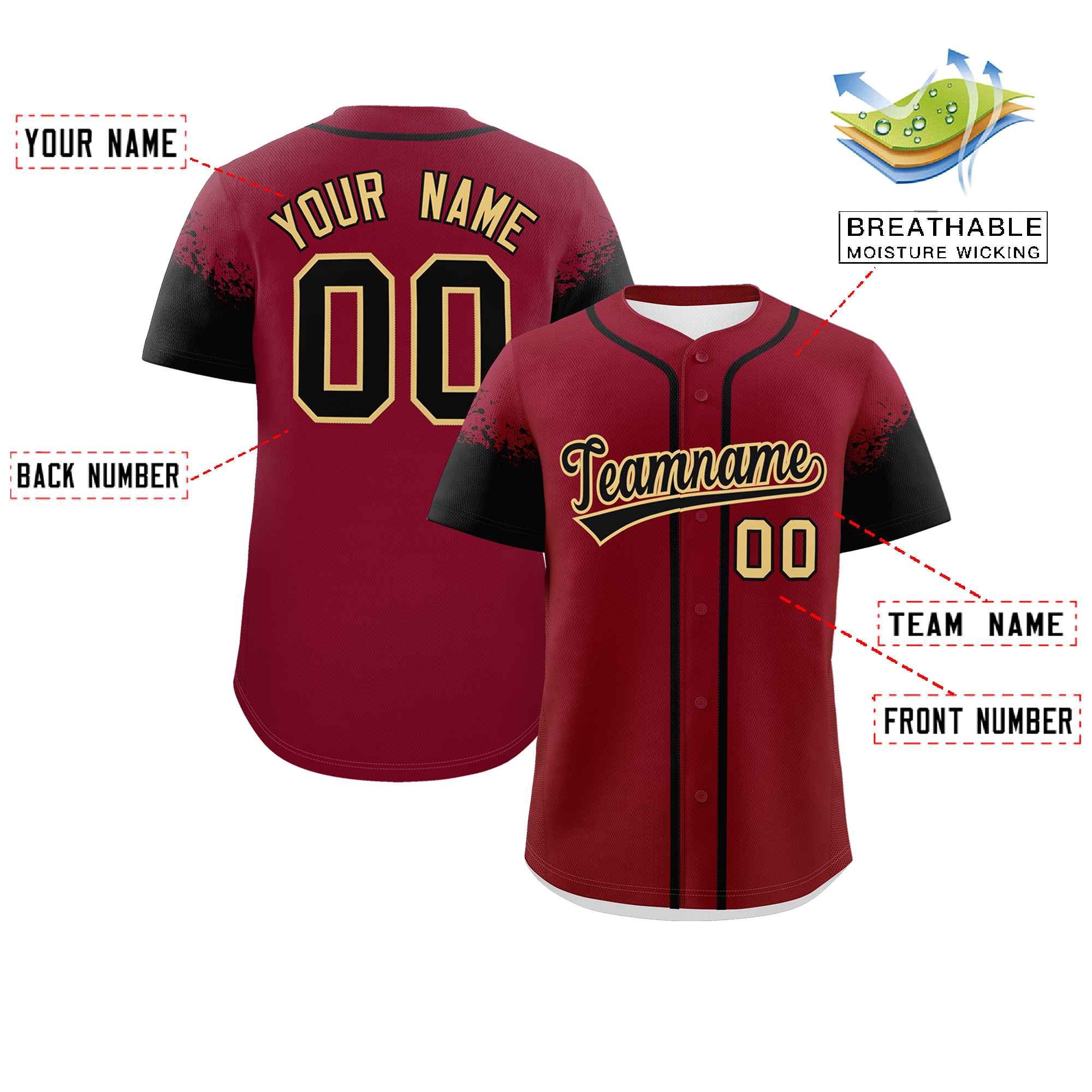 Custom Crimson Black Personalized Raglan Sleeves Design Authentic Baseball Jersey