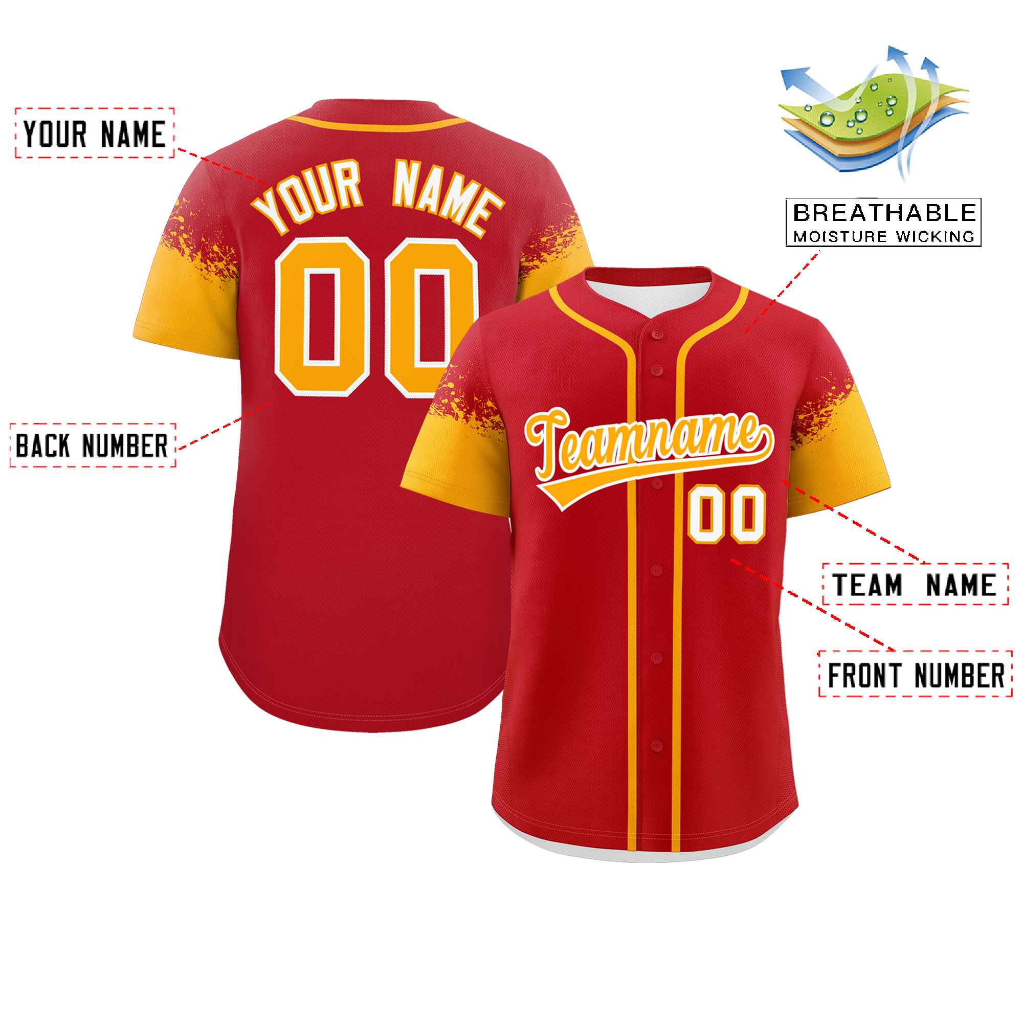 Custom Red Yellow Personalized Raglan Sleeves Design Authentic Baseball Jersey