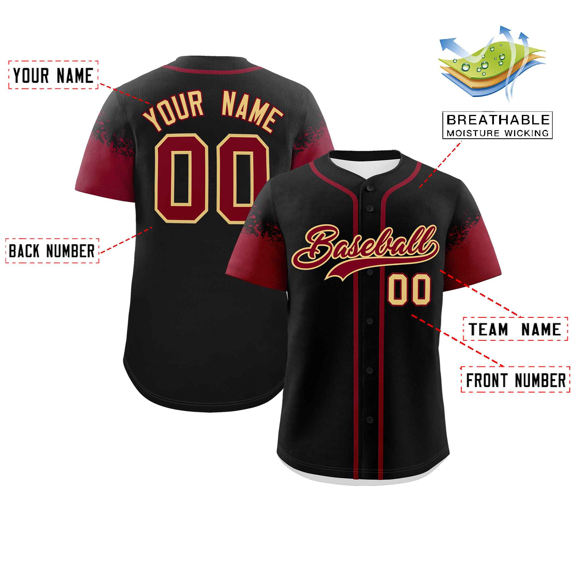 Custom Black Crimson Personalized Raglan Sleeves Design Authentic Baseball Jersey