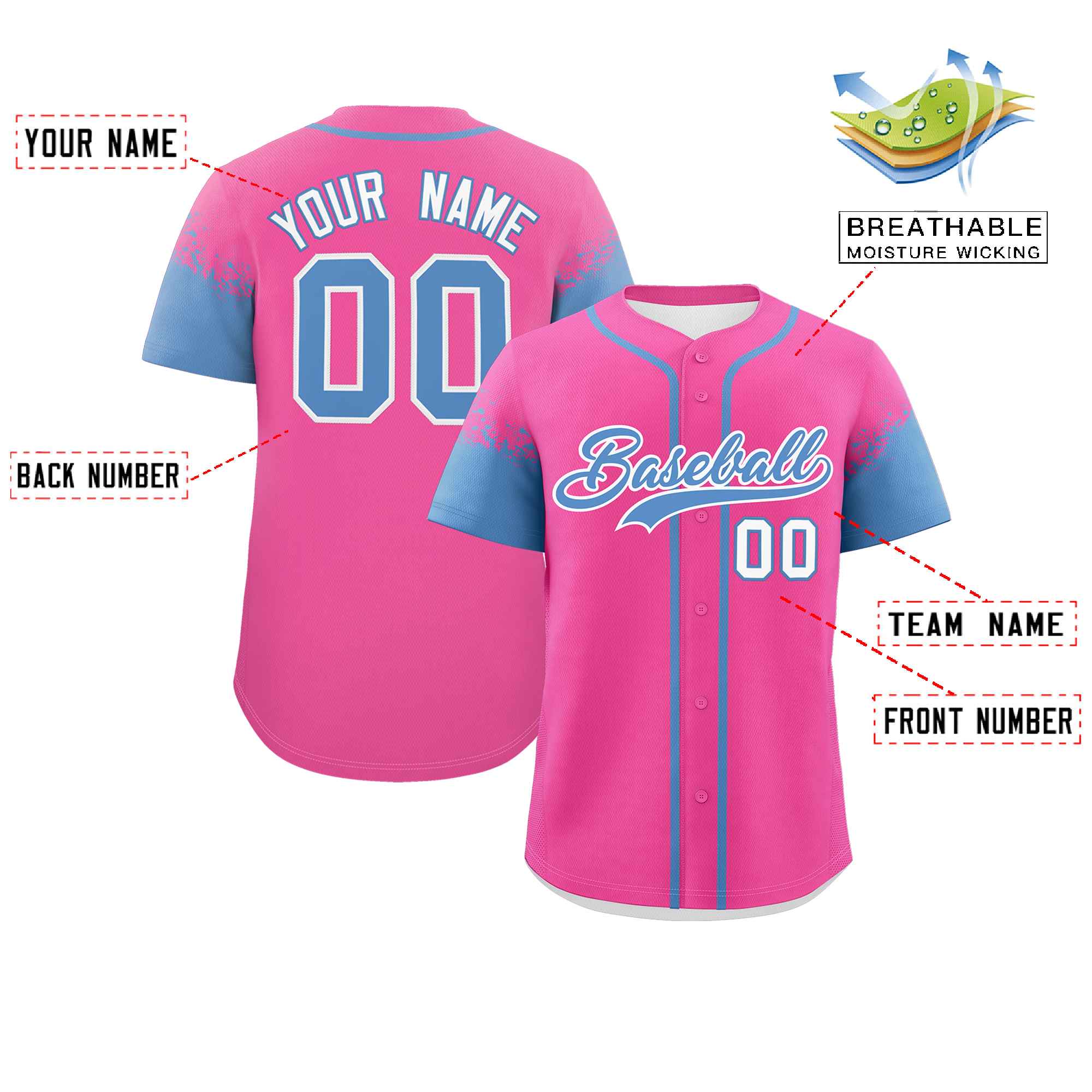 Custom Pink Light Blue Personalized Raglan Sleeves Design Authentic Baseball Jersey