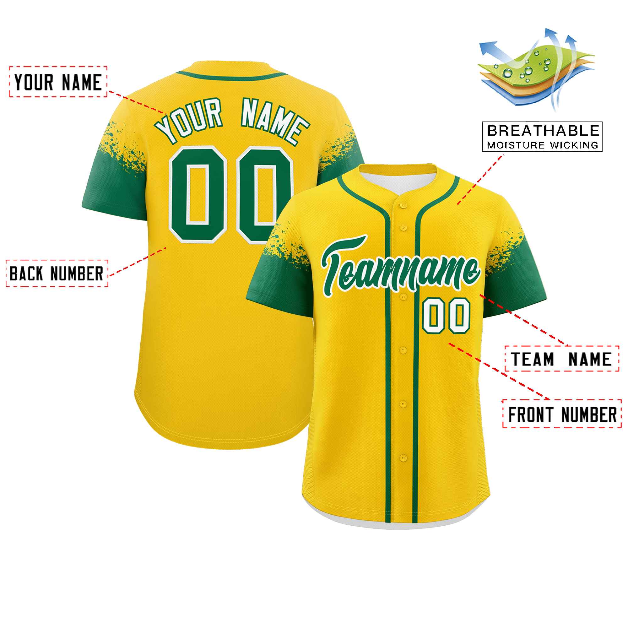 Custom Gold Kelly Green Personalized Raglan Sleeves Design Authentic Baseball Jersey