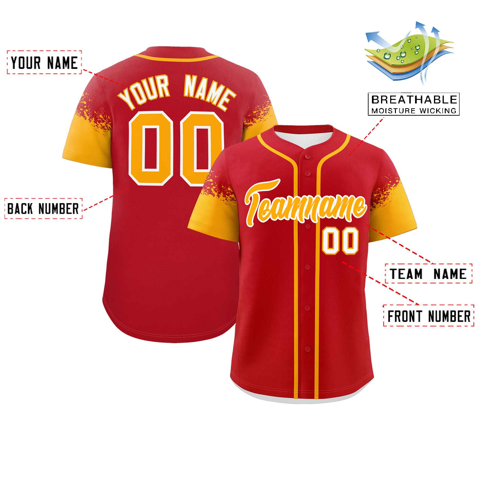 Custom Red Yellow Personalized Raglan Sleeves Design Authentic Baseball Jersey