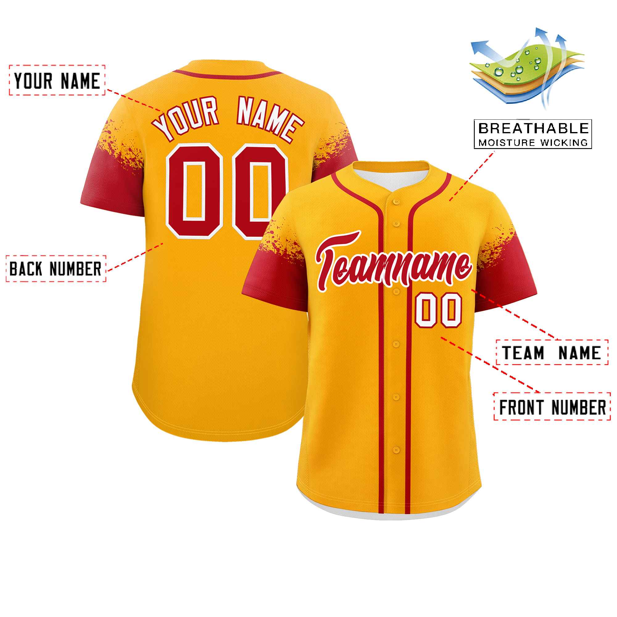 Custom Yellow Red Personalized Raglan Sleeves Design Authentic Baseball Jersey