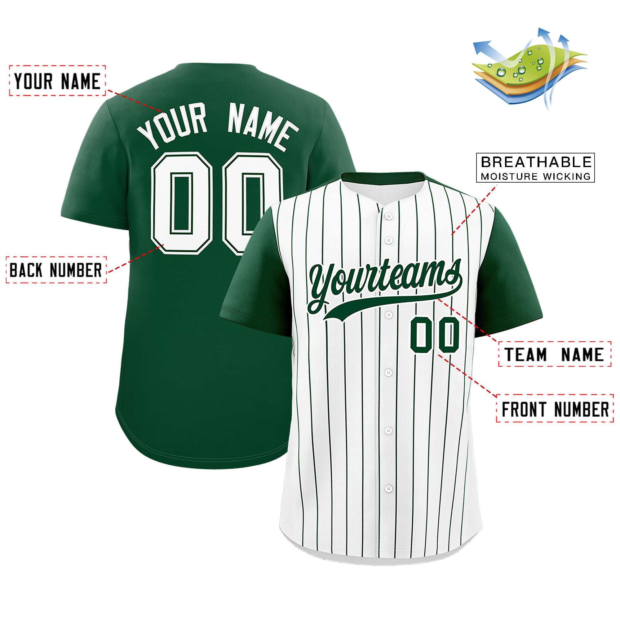 Custom White Green Pinstripe Personalized Two-Tone Authentic Baseball Jersey