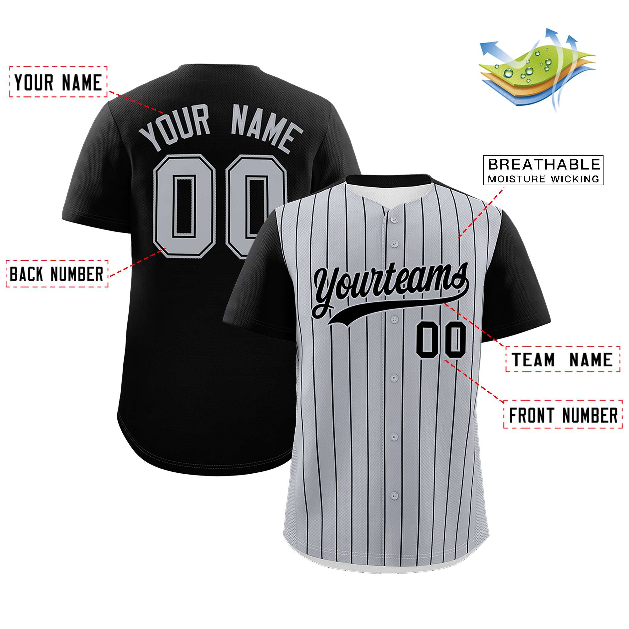 Custom Gray Black Pinstripe Personalized Two-Tone Authentic Baseball Jersey