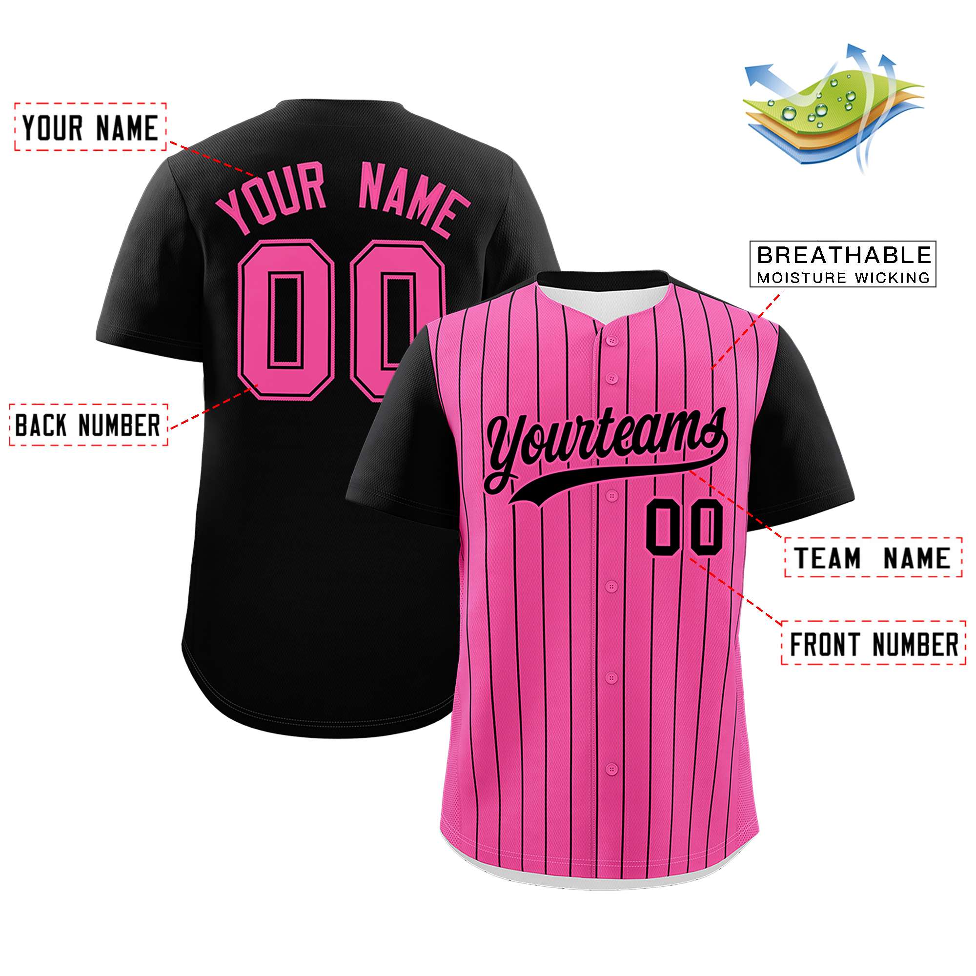 Custom Pink Black Pinstripe Personalized Two-Tone Authentic Baseball Jersey