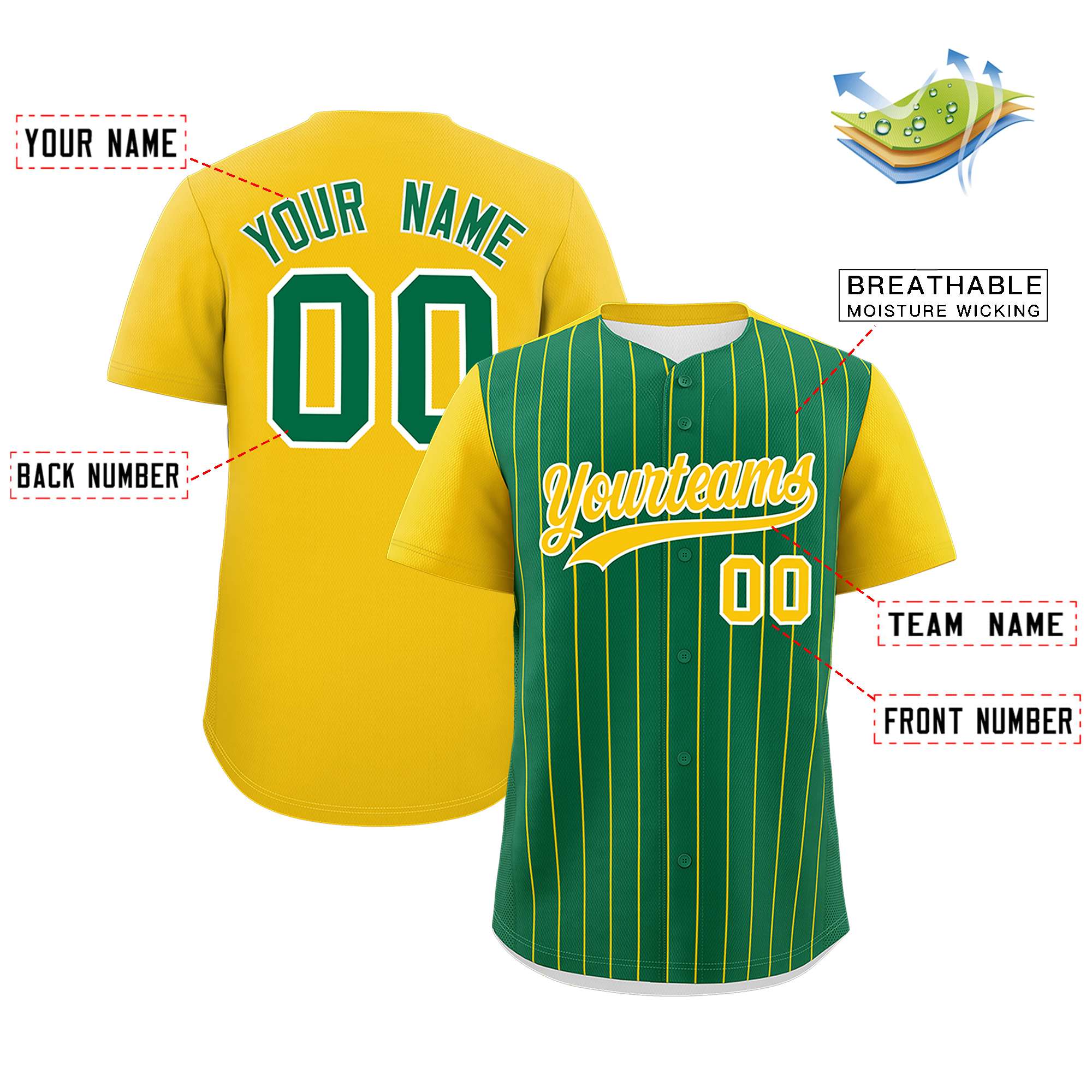 Custom Kelly Green Gold Pinstripe Personalized Two-Tone Authentic Baseball Jersey