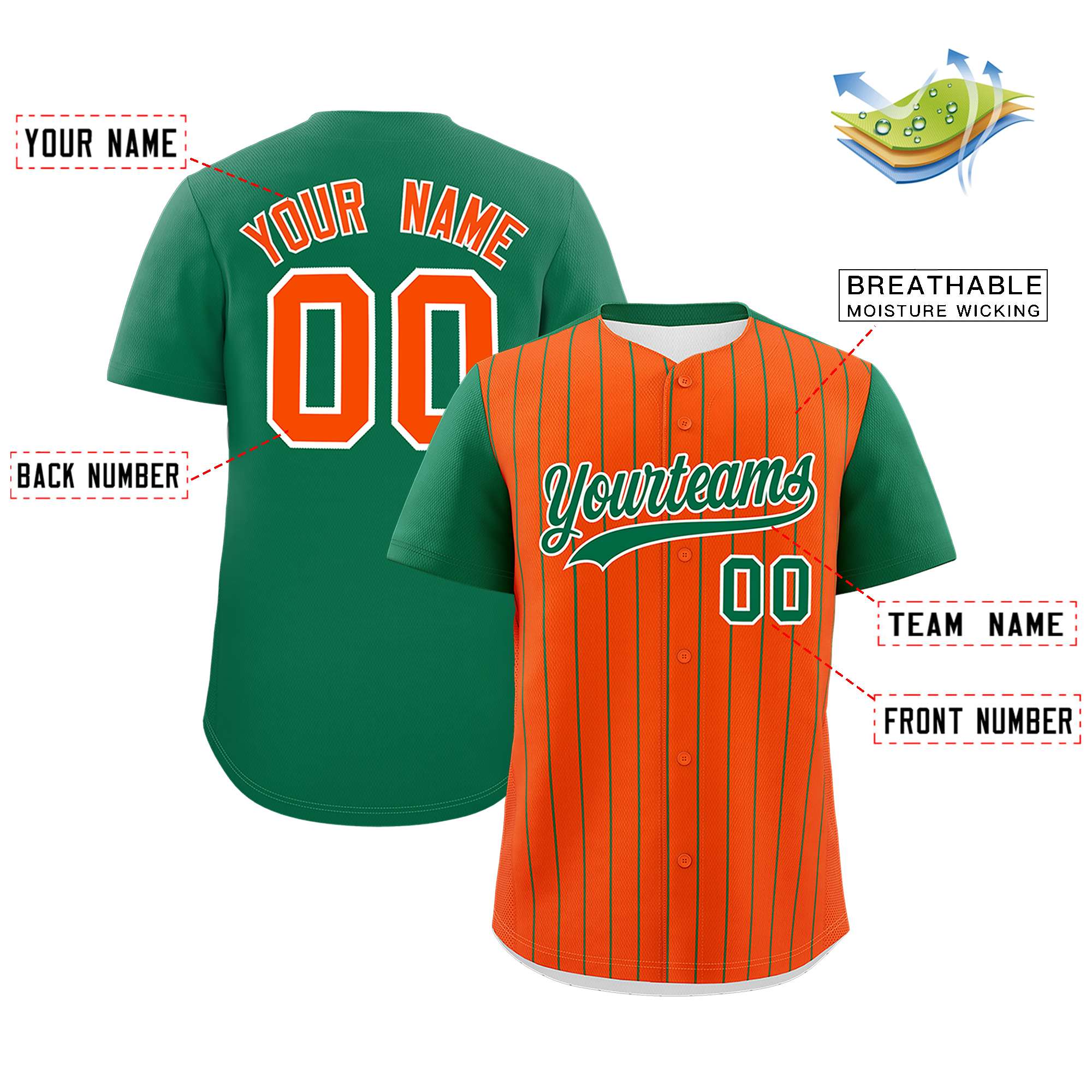 Custom Orange Kelly Green Pinstripe Personalized Two-Tone Authentic Baseball Jersey