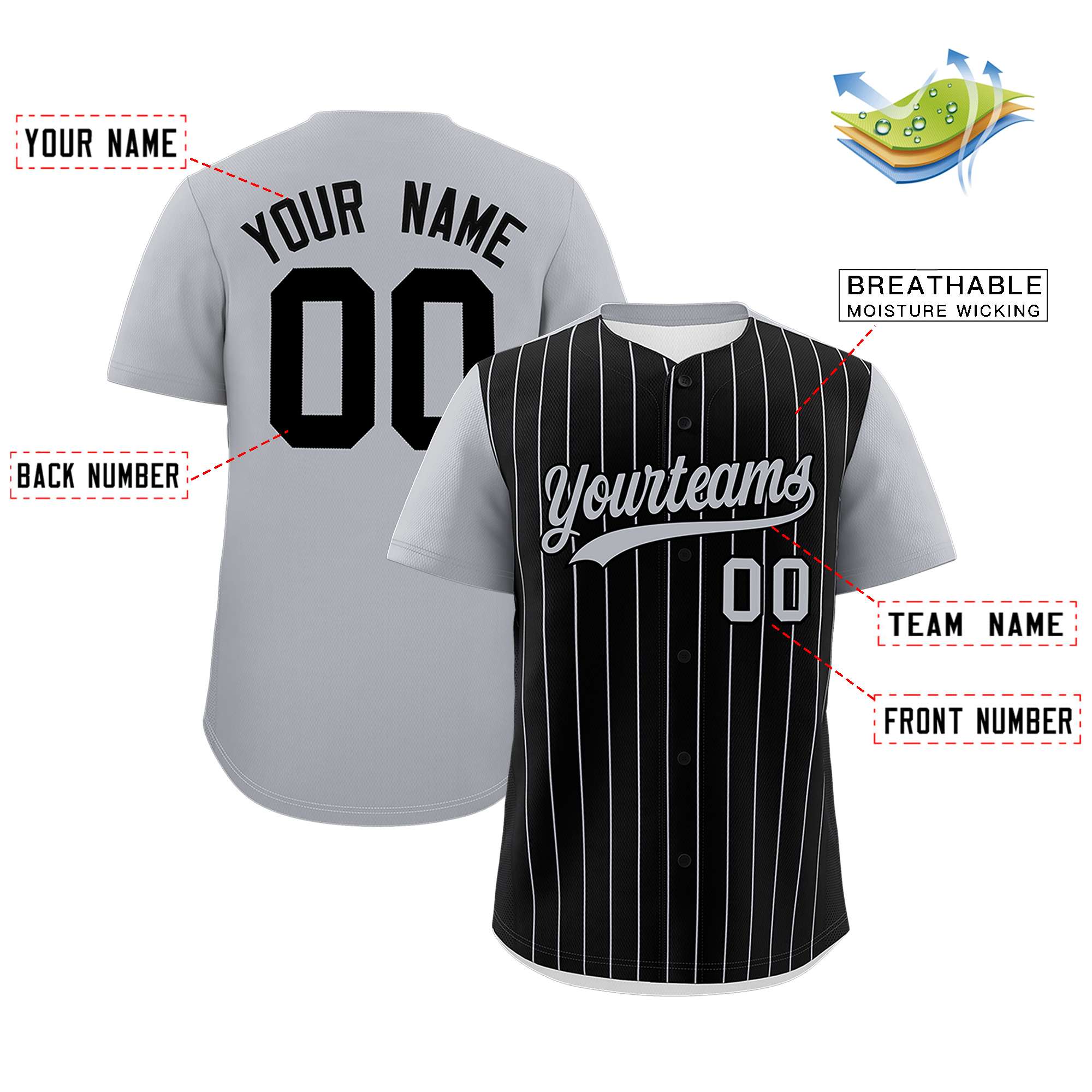 Custom Black Gray Pinstripe Personalized Two-Tone Authentic Baseball Jersey