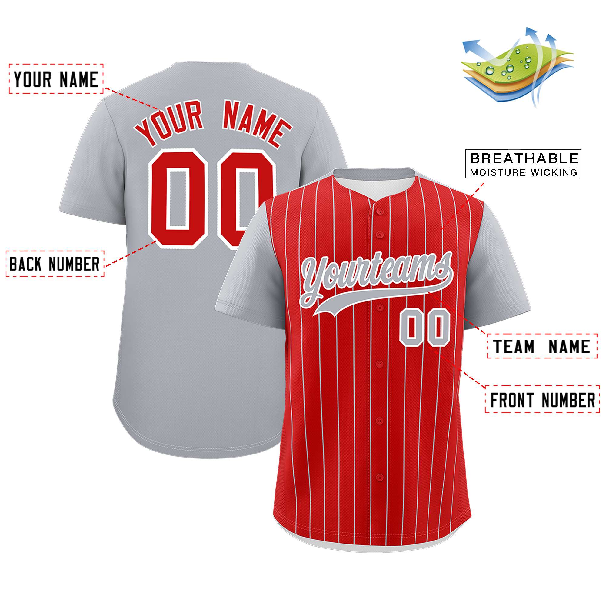 Custom Red Gray Pinstripe Personalized Two-Tone Authentic Baseball Jersey