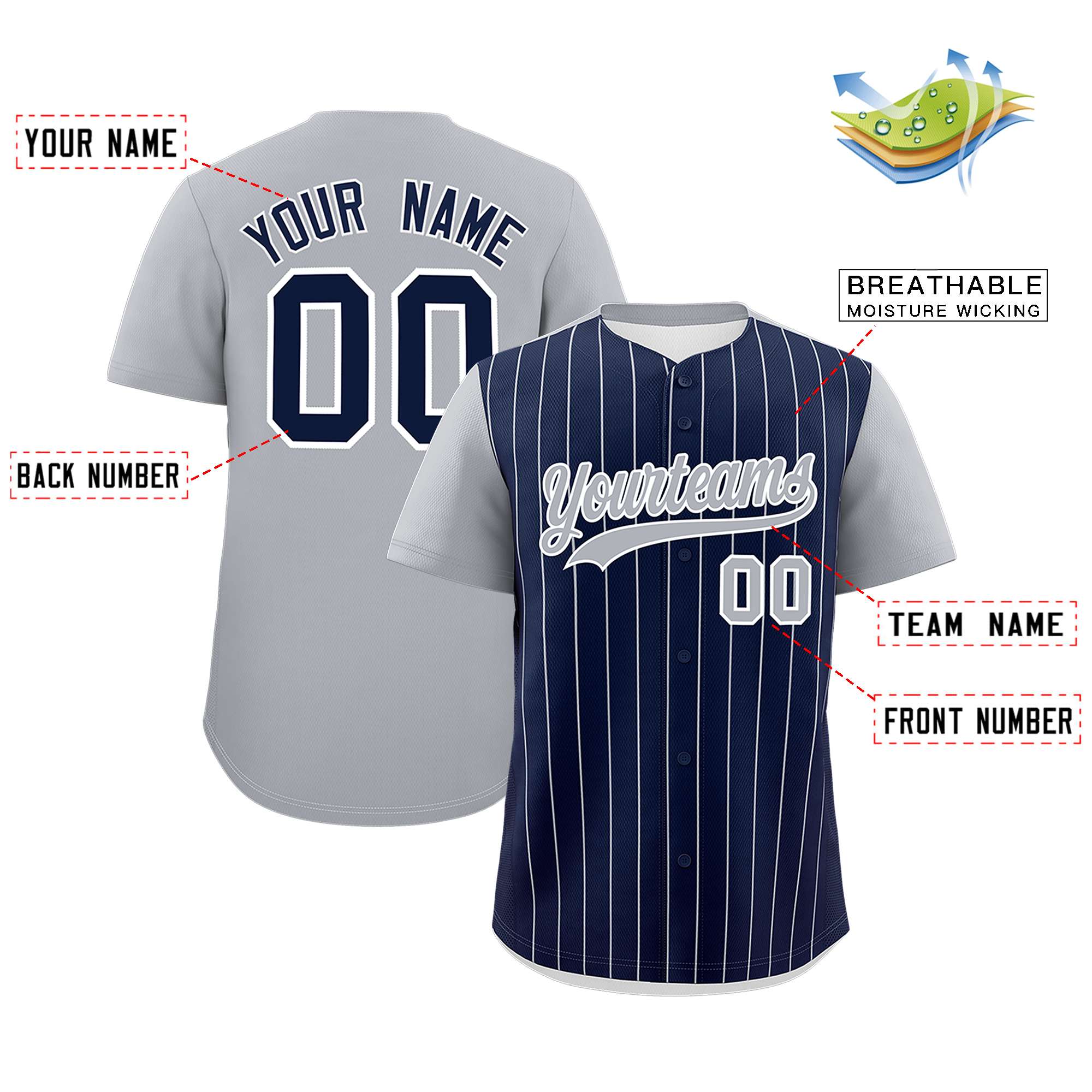 Custom Navy Gray Pinstripe Personalized Two-Tone Authentic Baseball Jersey