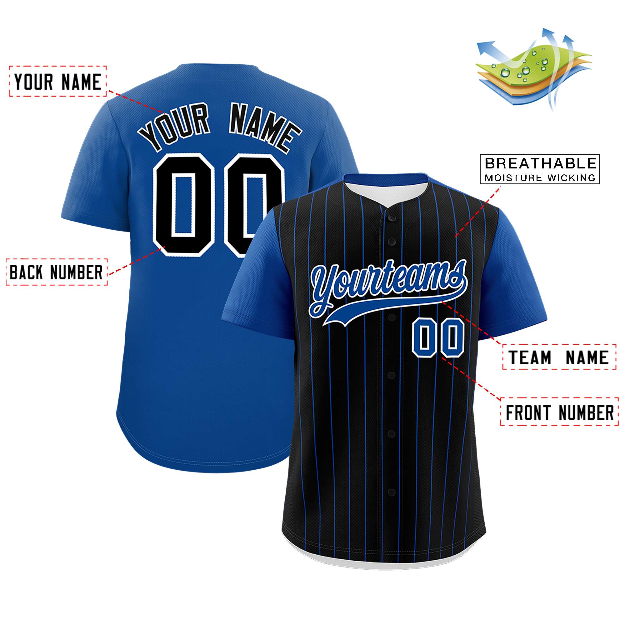 Custom Black Royal Pinstripe Personalized Two-Tone Authentic Baseball Jersey