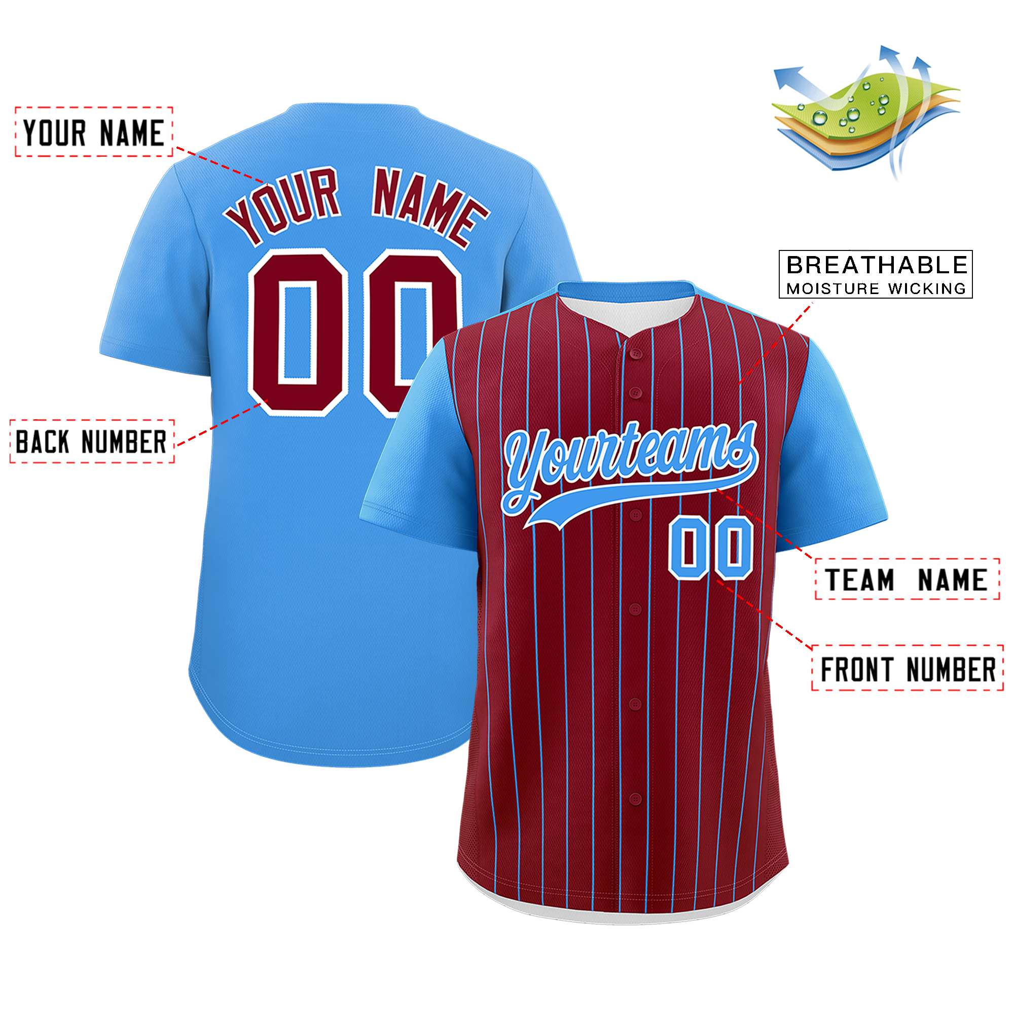 Custom Crimson Powder Blue Pinstripe Personalized Two-Tone Authentic Baseball Jersey