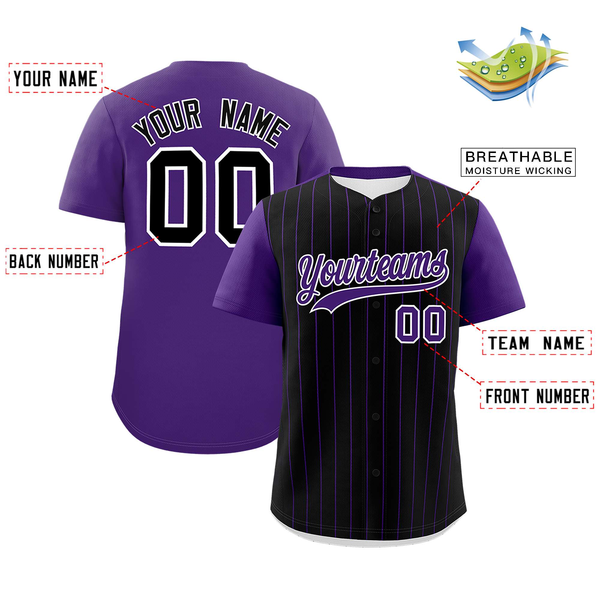 Custom Black Purple Pinstripe Personalized Two-Tone Authentic Baseball Jersey