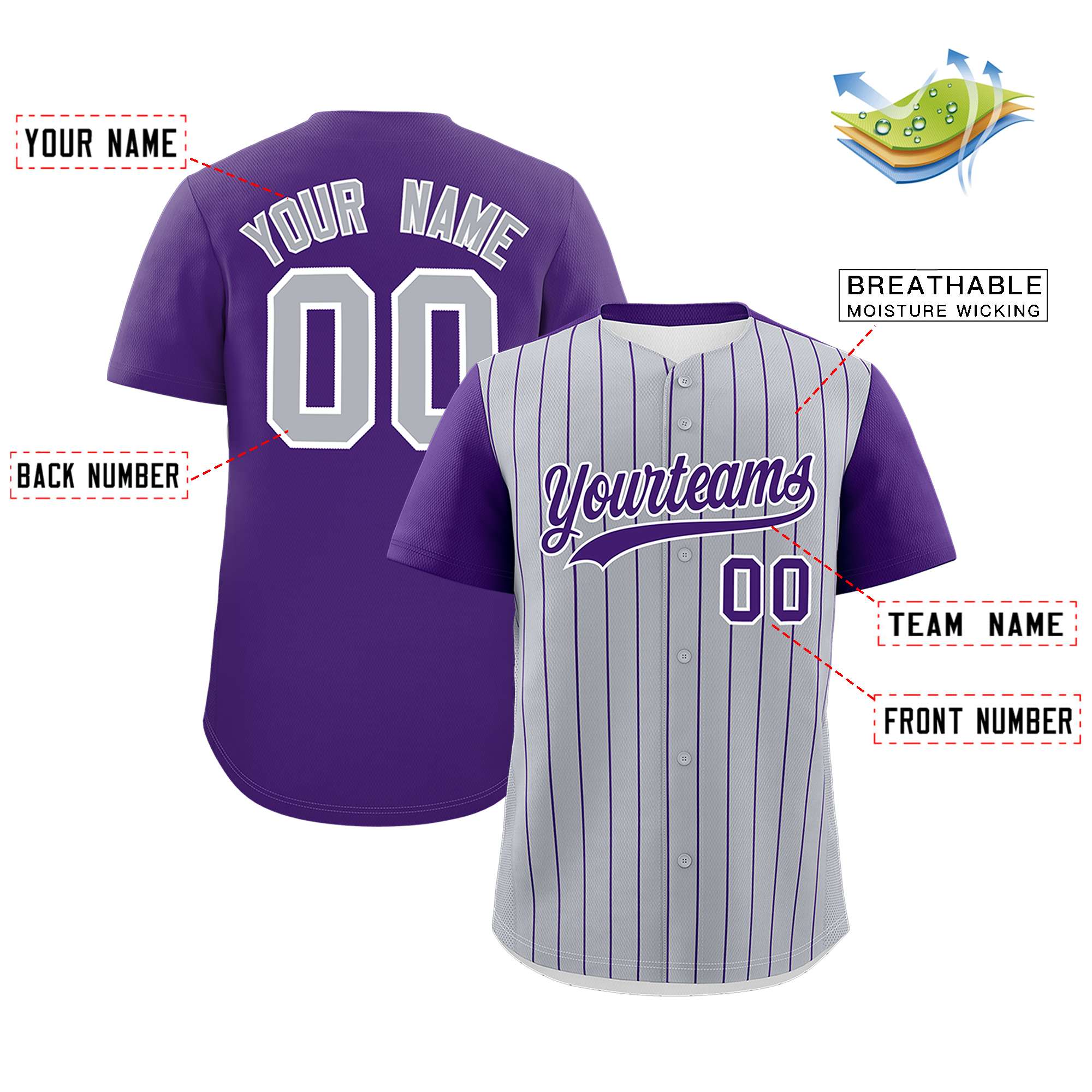 Custom Gray Purple Pinstripe Personalized Two-Tone Authentic Baseball Jersey